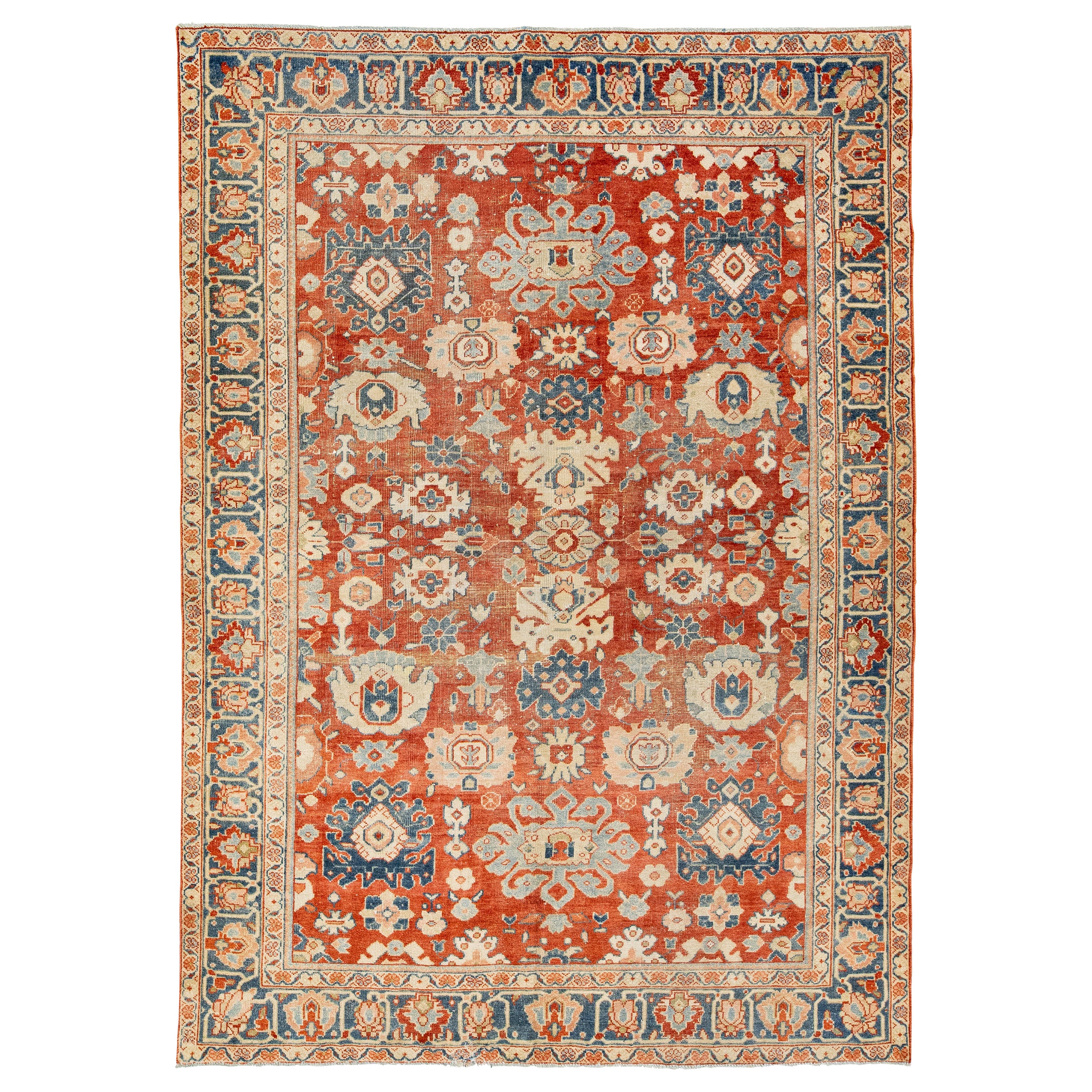 Antico tappeto persiano di lana Mahal del 1900 fatto a mano in rosso con motivo floreale a tutto campo