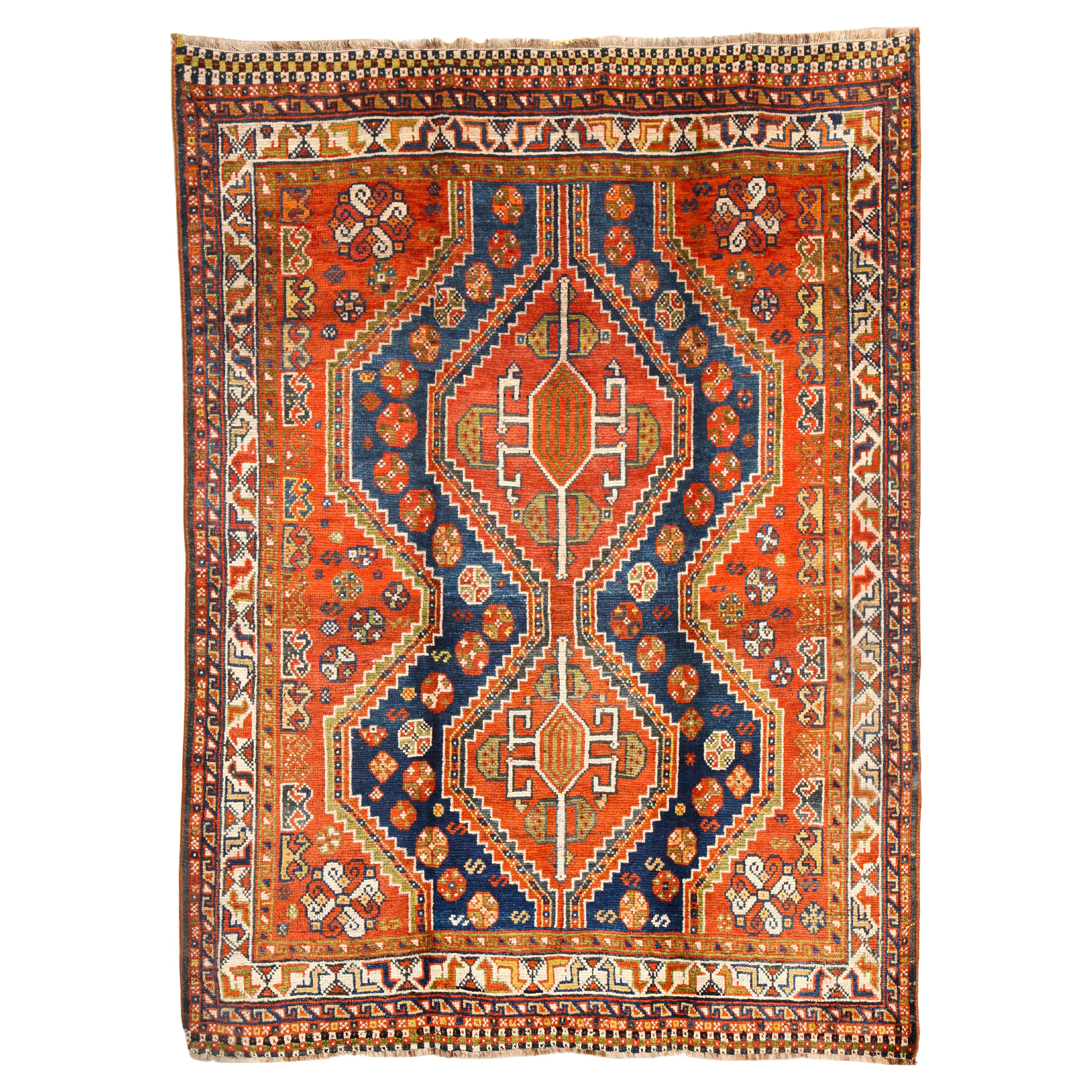 Antiquities 1900s Persian Qashqai Rug, Wool, Red, Blue, Green, Navy, 5' x 7'