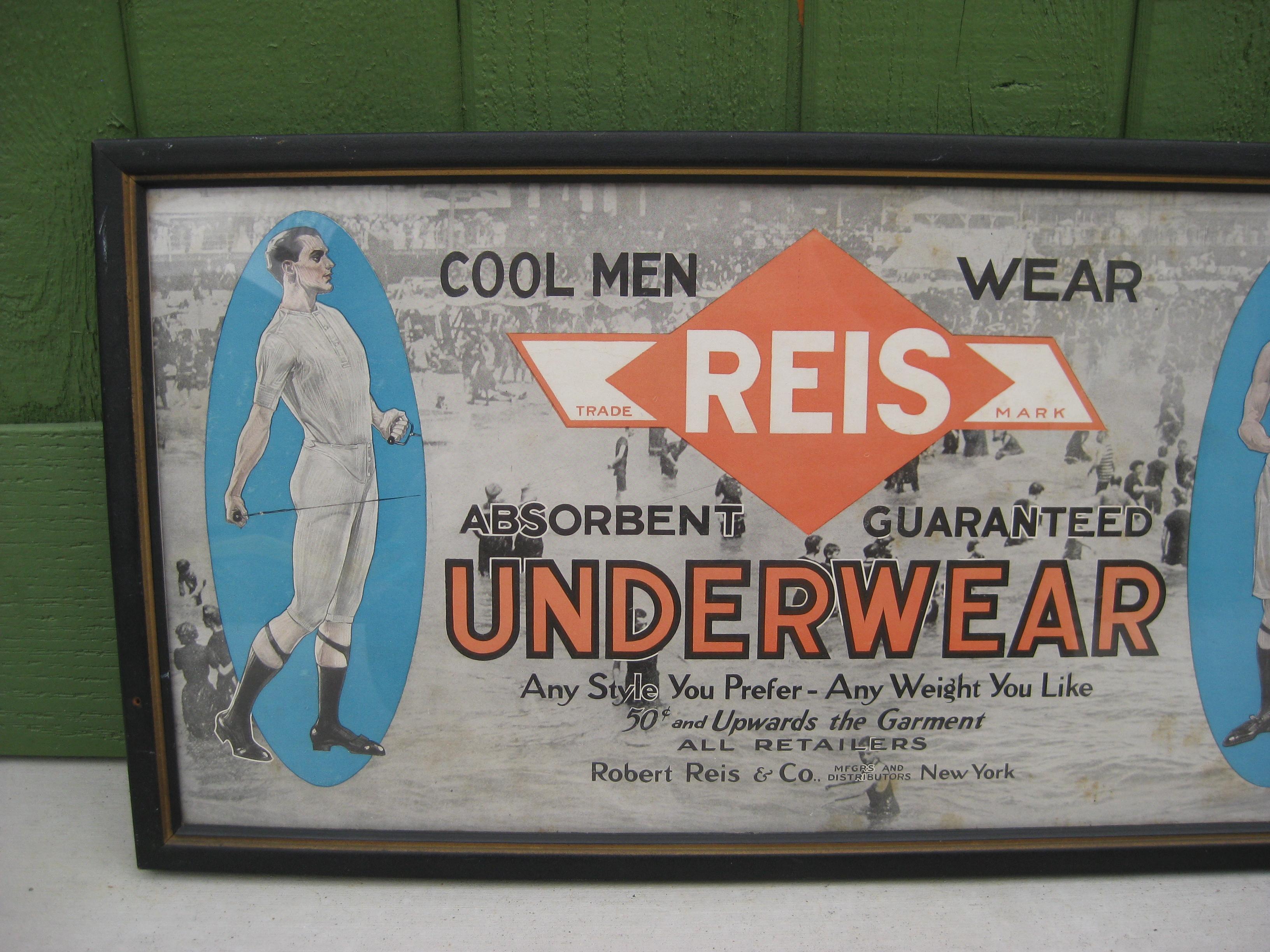 Rare Reis of New York men's underwear printed advertising sign/poster dating from the early 1900's. This is in an old frame and under glass. Would have hung in a men's clothing store or department store. Wonderful design and color. In very nice