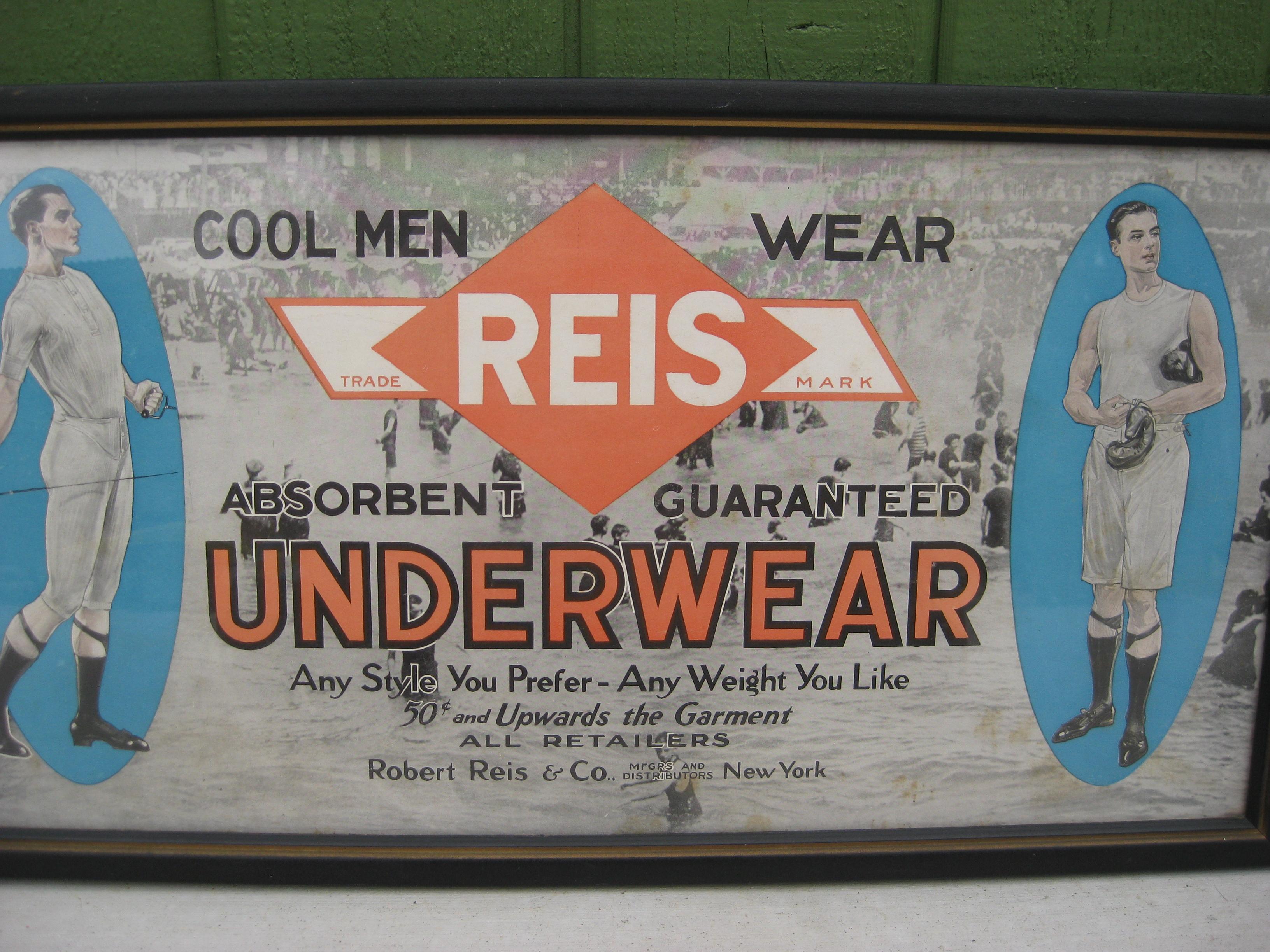 American Antique 1900s Reis Men's Underwear Clothing Advertising Framed Paper Sign Poster For Sale