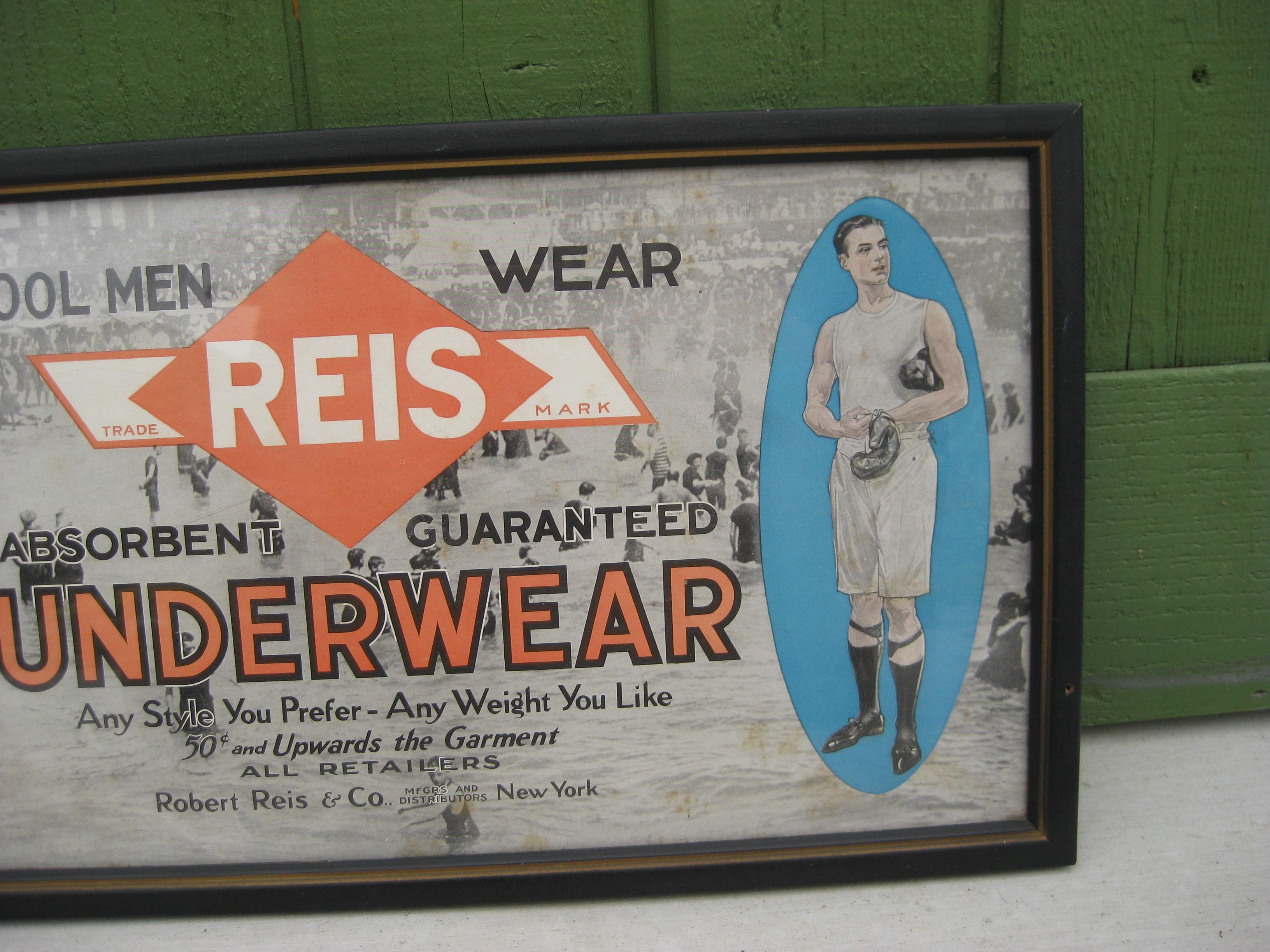 Antique 1900s Reis Men's Underwear Clothing Advertising Framed Paper Sign Poster In Good Condition For Sale In San Diego, CA