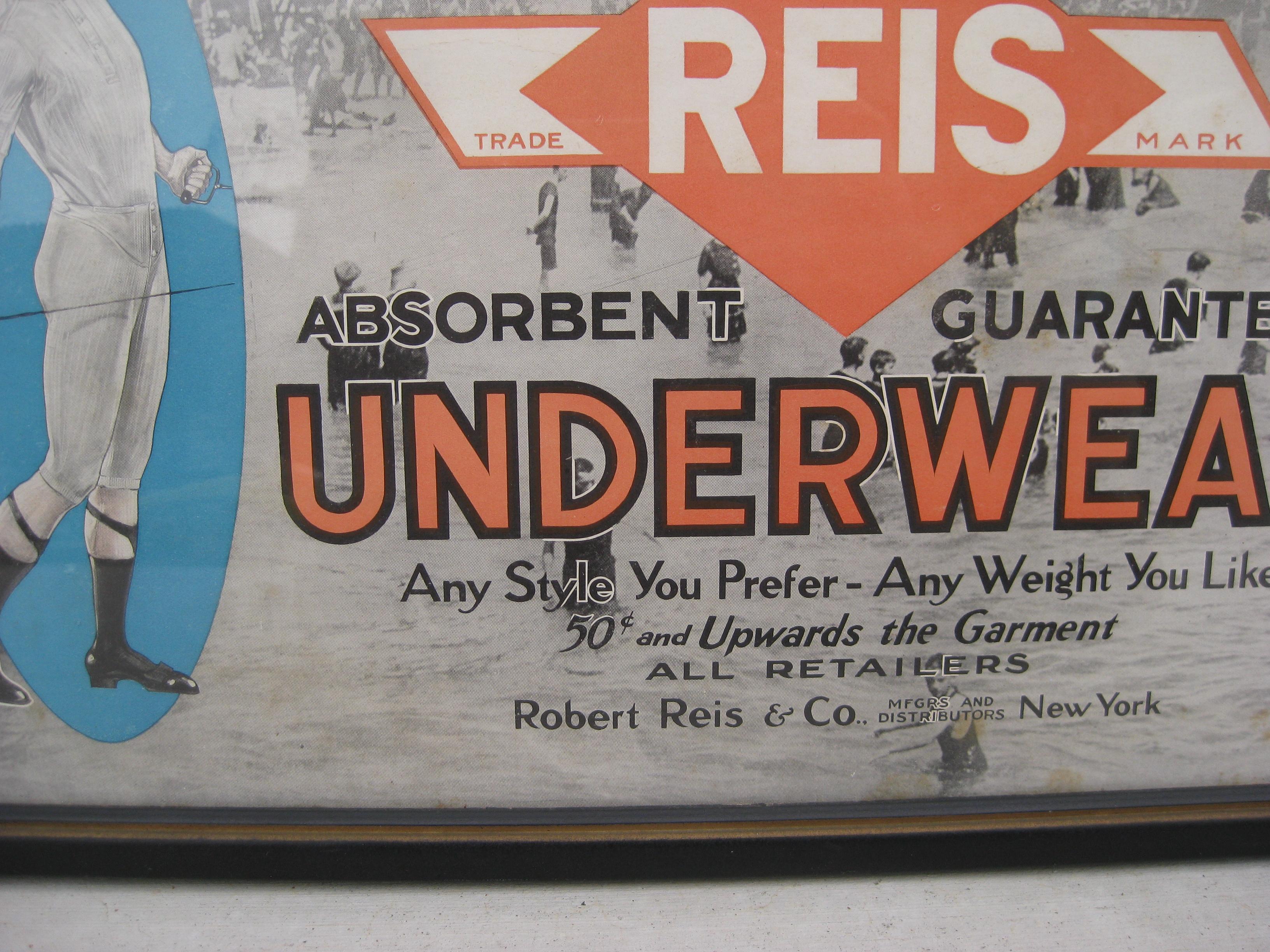 20th Century Antique 1900s Reis Men's Underwear Clothing Advertising Framed Paper Sign Poster For Sale