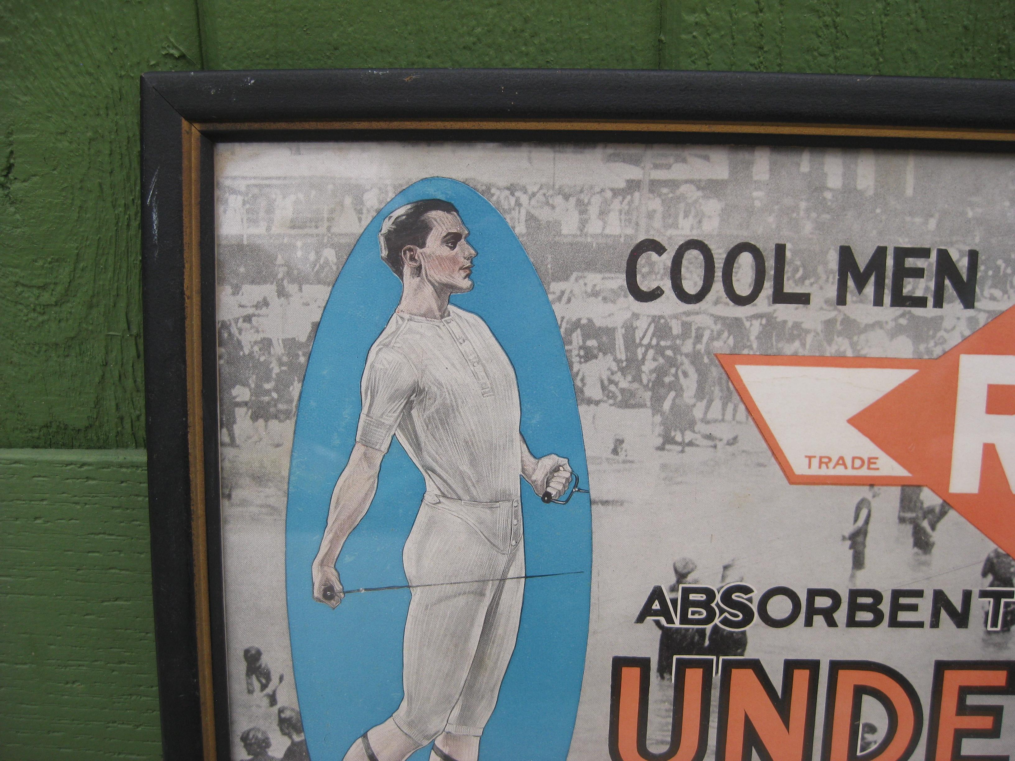 Antique 1900s Reis Men's Underwear Clothing Advertising Framed Paper Sign Poster For Sale 1