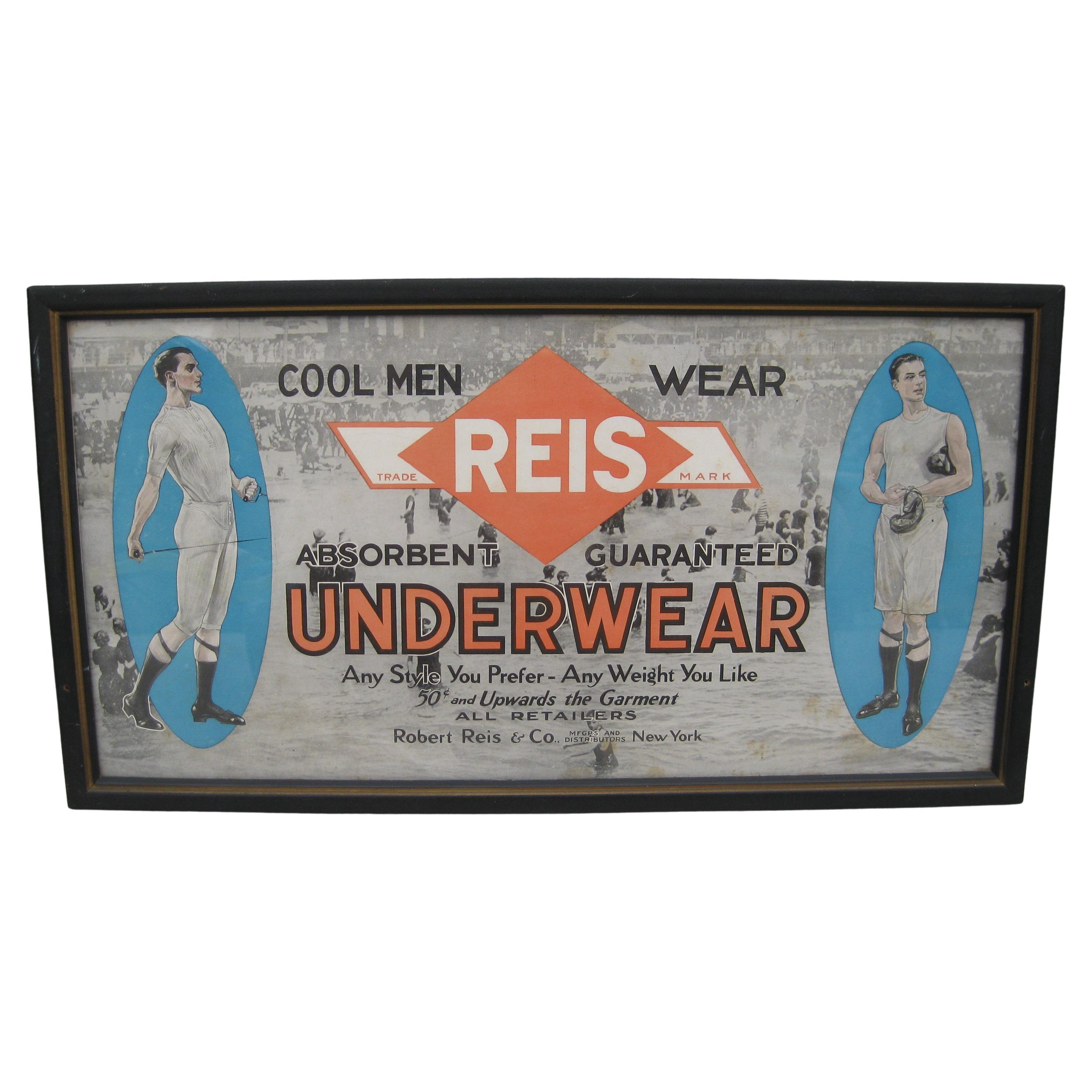 Antique 1900s Reis Men's Underwear Clothing Advertising Framed Paper Sign Poster For Sale