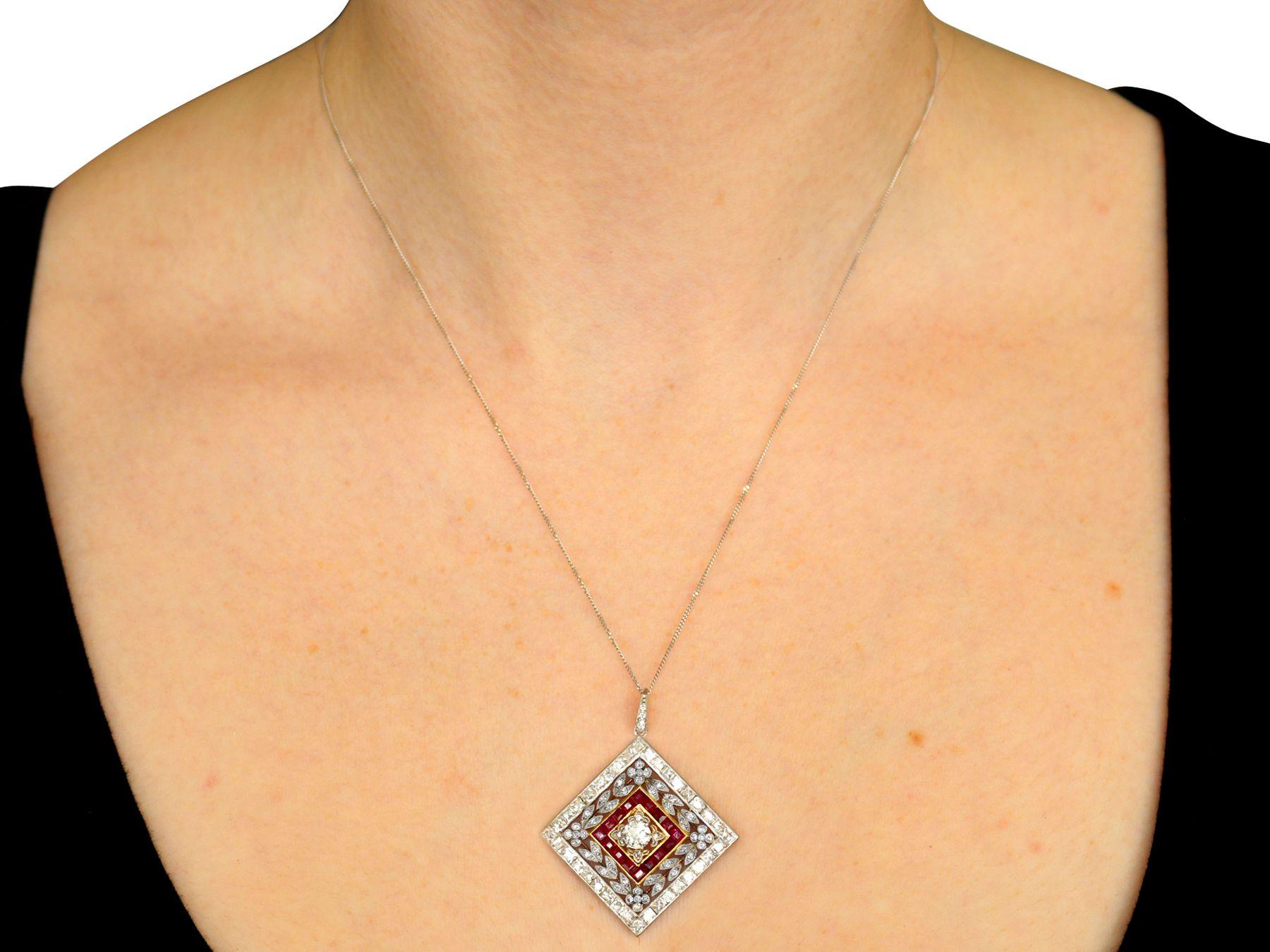 Antique 1900s Ruby 3.48 Carat Diamonds Gold Platinum Pendant Brooch For Sale 7