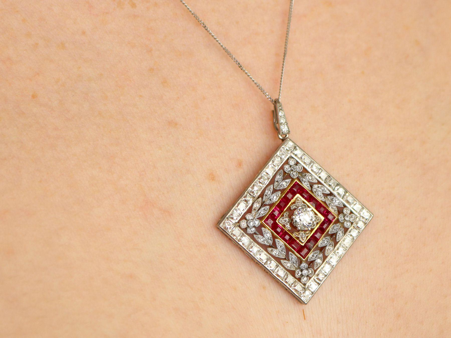 Antique 1900s Ruby 3.48 Carat Diamonds Gold Platinum Pendant Brooch For Sale 8