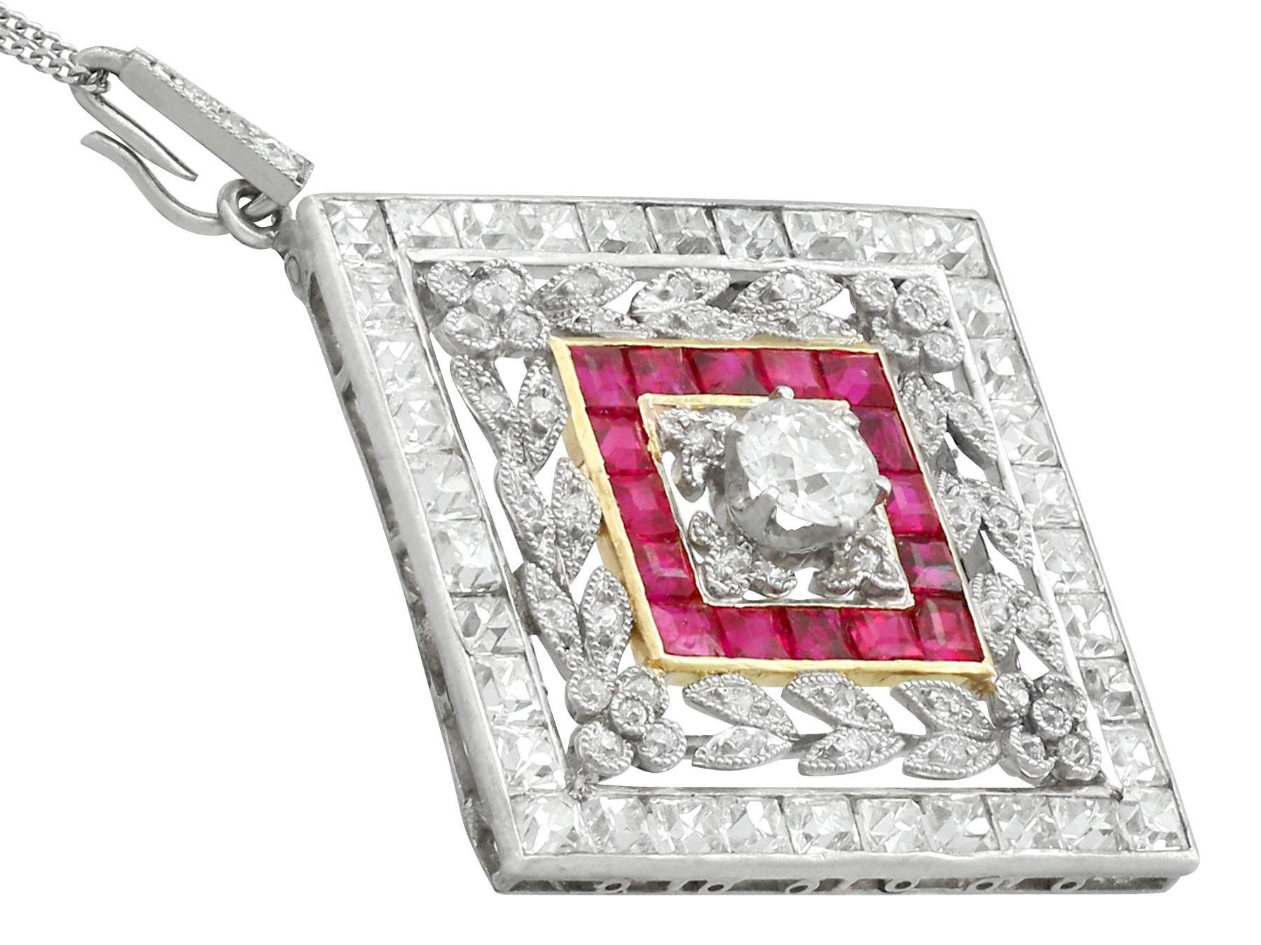 Old European Cut Antique 1900s Ruby 3.48 Carat Diamonds Gold Platinum Pendant Brooch For Sale