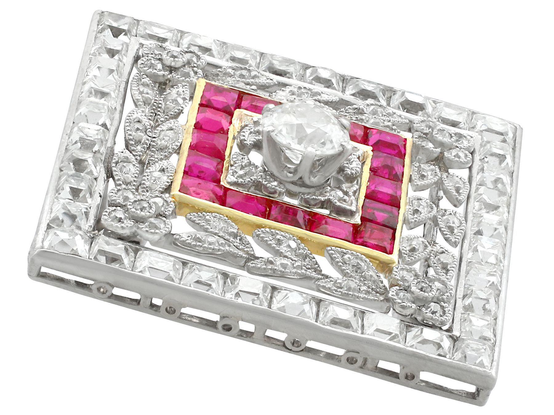 Women's Antique 1900s Ruby 3.48 Carat Diamonds Gold Platinum Pendant Brooch For Sale