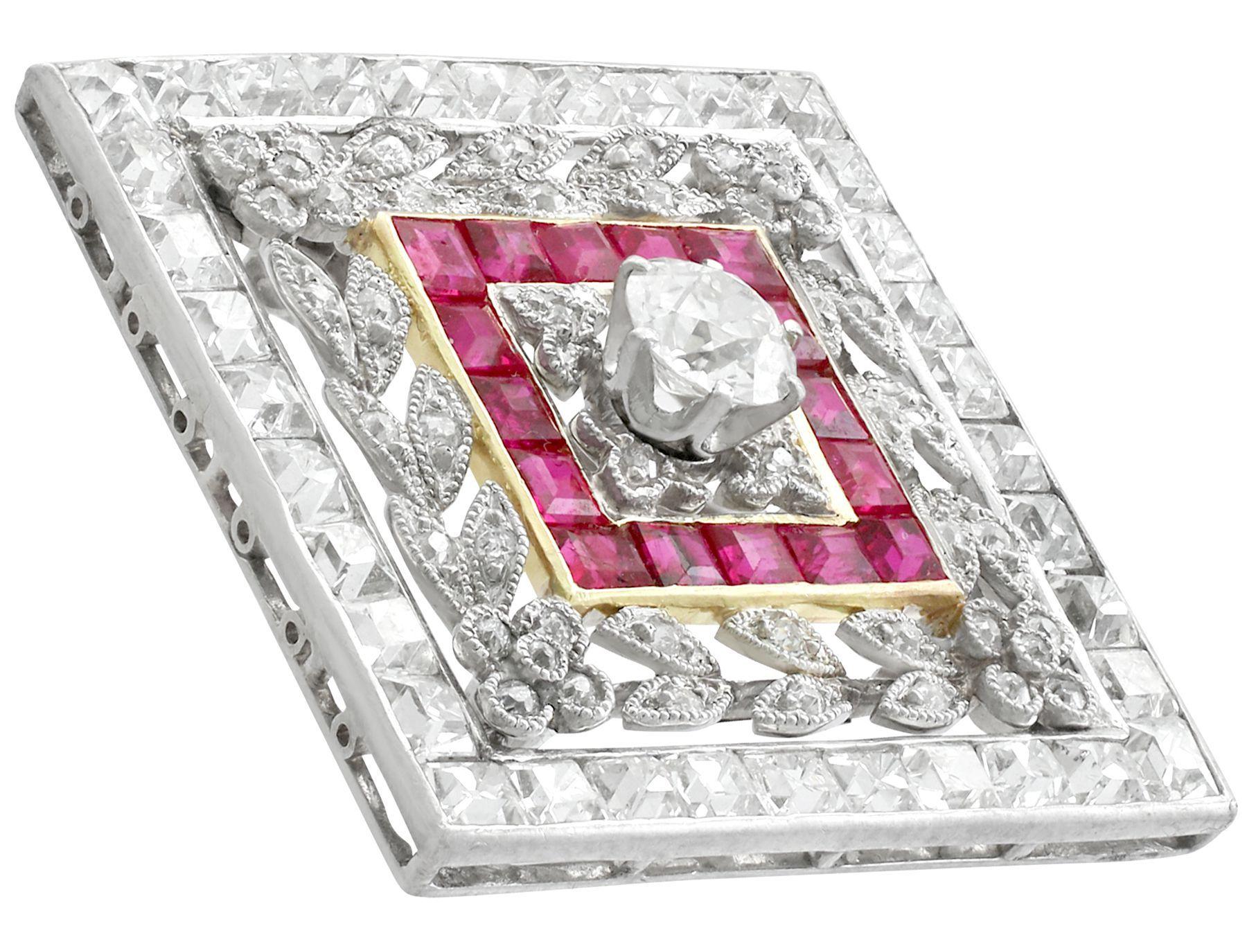 Antique 1900s Ruby 3.48 Carat Diamonds Gold Platinum Pendant Brooch For Sale 1