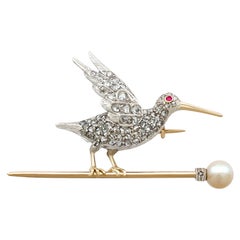 Antique 1900s Ruby and 1.17 Carat Diamond Pearl and Yellow Gold Bird Brooch