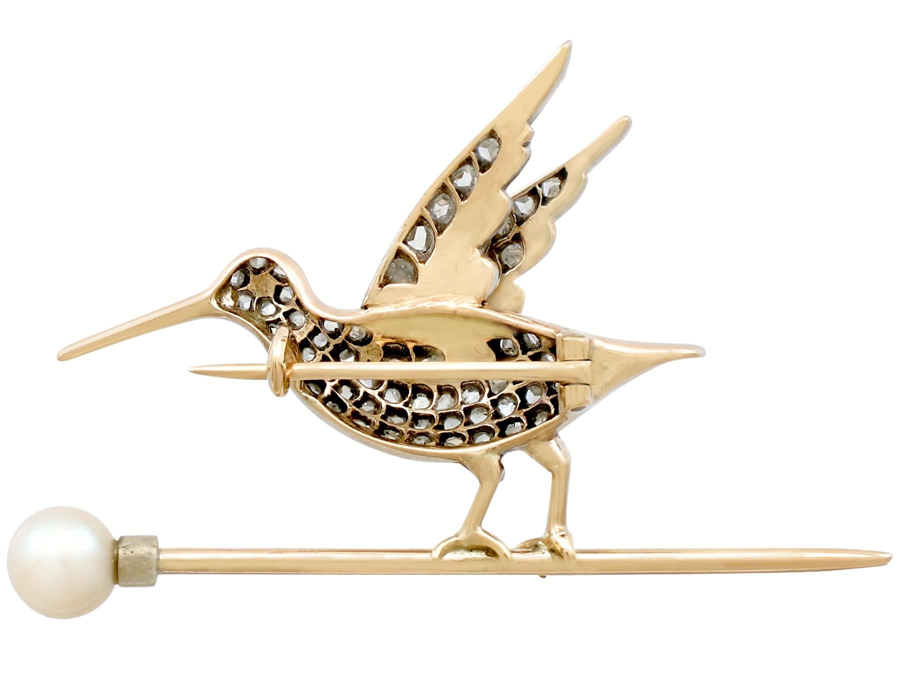 Antique 1900s Ruby and 1.17 Carat Diamond Pearl and Yellow Gold Bird Brooch In Excellent Condition In Jesmond, Newcastle Upon Tyne