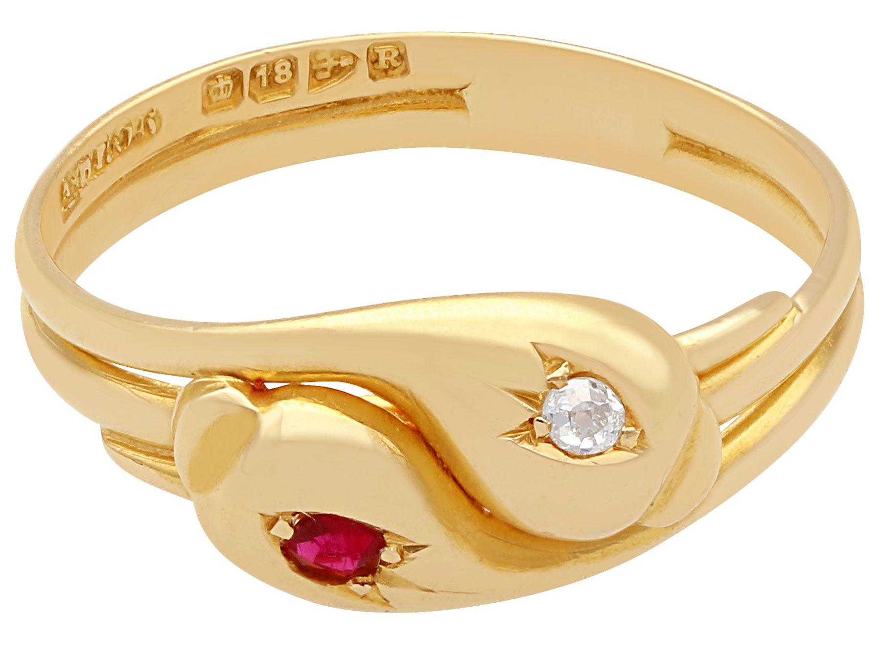Round Cut Antique 1900s Ruby Diamond Gold Snake Cocktail Ring