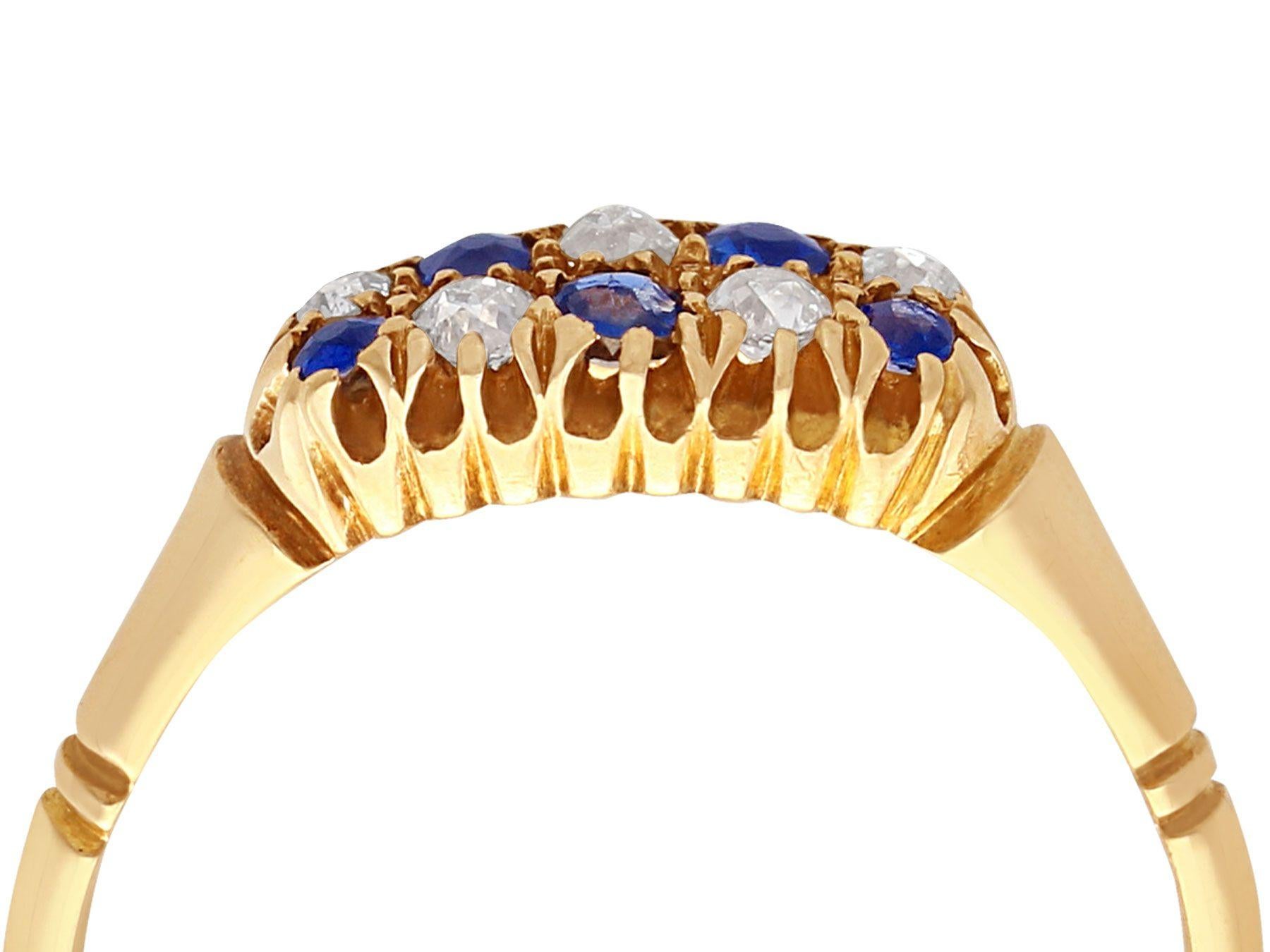 A fine antique 0.27 carat natural blue sapphire and 0.25 carat diamond, 18 karat yellow gold dress ring; part of our antique jewelry and estate jewelry collections.

This fine antique sapphire ring has been crafted in 18k yellow gold.

The