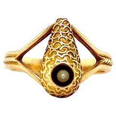 Antique 1900s Seed Pearl 14k Yellow Gold Stick Pin Head Split Shank Fashion Ring Antique 1900s Seed Pearl 14k Yellow Gold Stick Pin Head Split Shank Fashion Ring