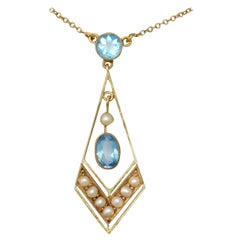 Antique 1900s Seed Pearl and Aquamarine Yellow Gold Pendant