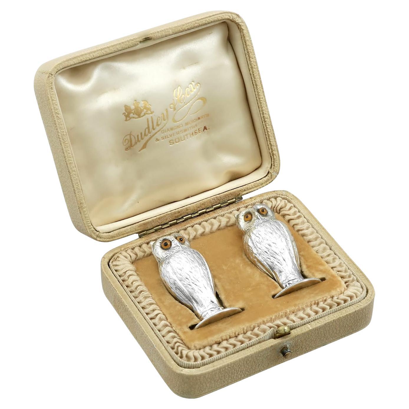 Antique Sterling Silver Owl Peppers