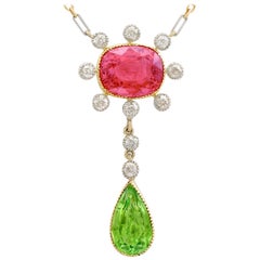 Antique 1900s Tourmaline, Peridot, and Diamond Yellow Gold Necklace