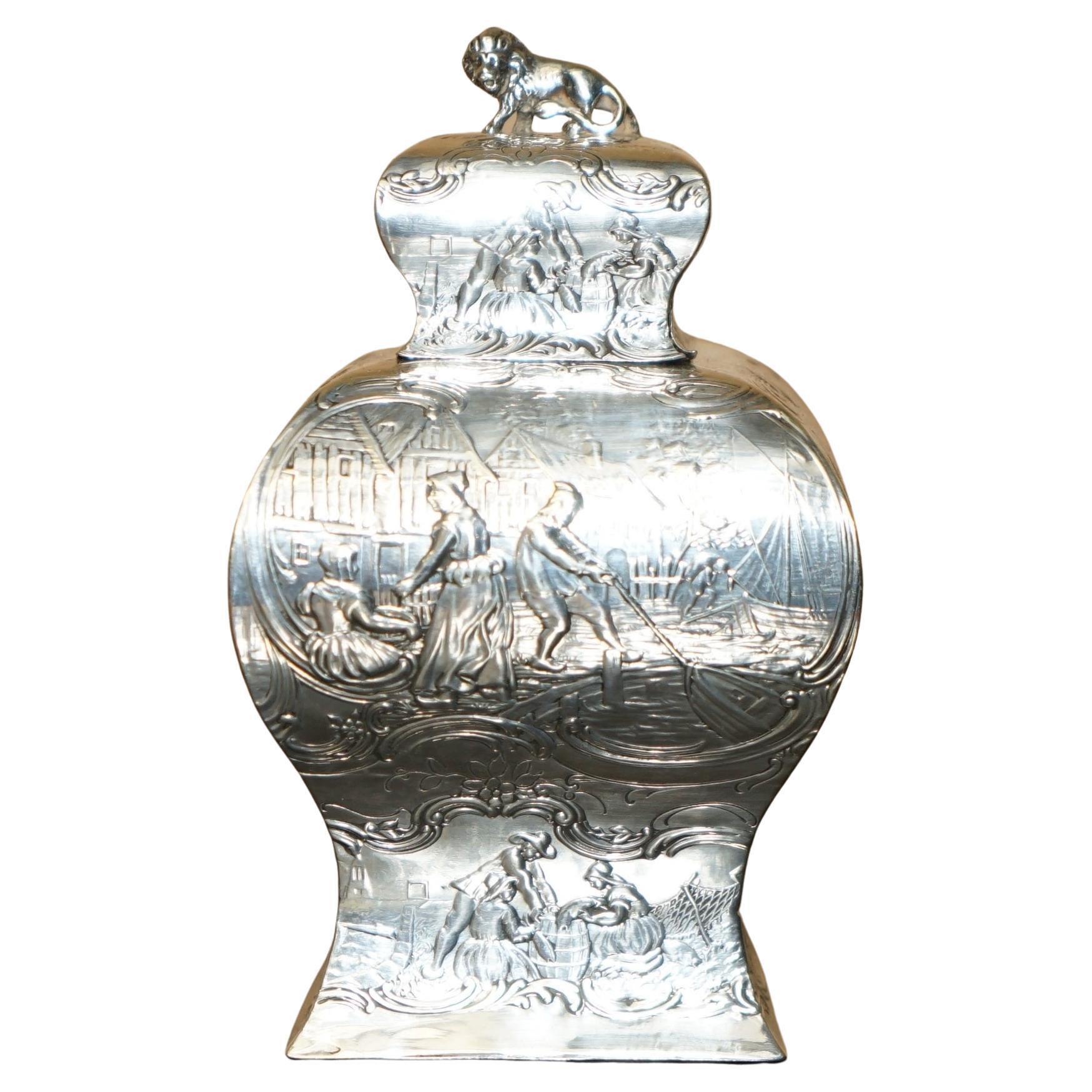 antiguo 1901 EDWARDIAN fechado STERLiNG SILVER MULLER & SON REPOUSSE TEA CADDY