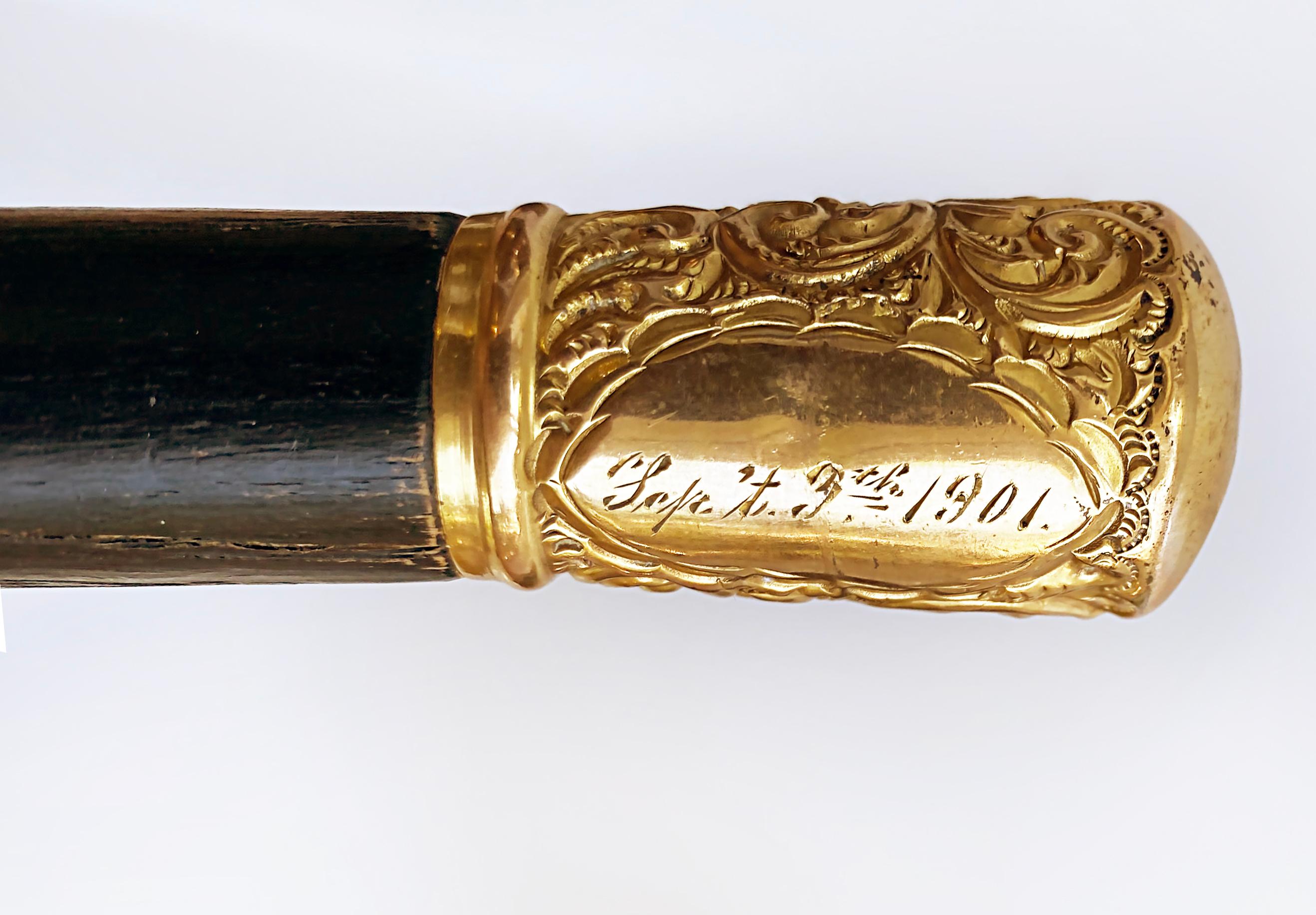 Antique 1901 Gold Handled Dandy Walking Stick, Monogrammed Date

Offered for sale is an antique 