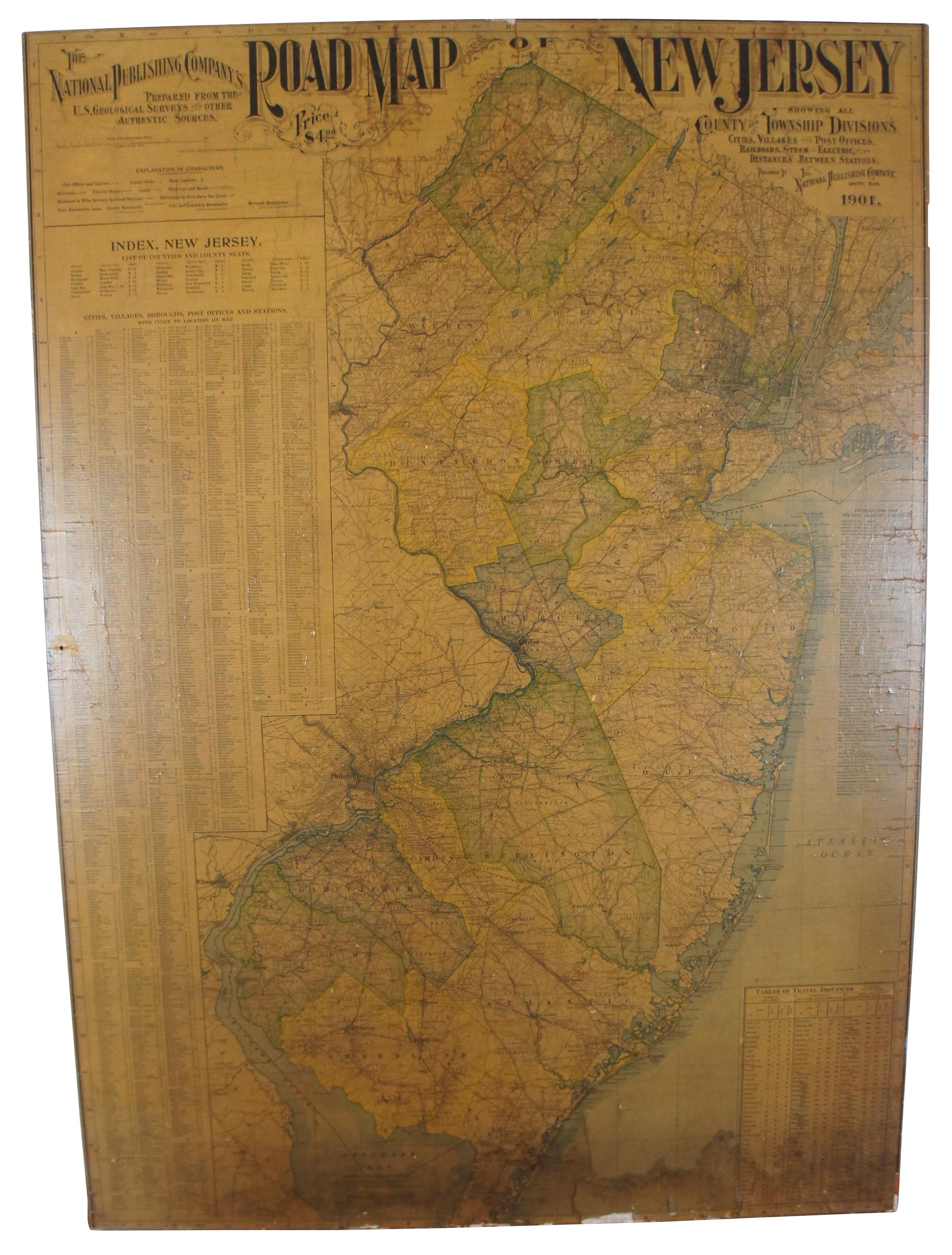 The National Publishing Company's road map of New Jersey, showing all county and township divisions, cities villages and post-offices, railroads, steam and electric, with distances between stations. 4 miles to 1 inch. This map has been mounted to