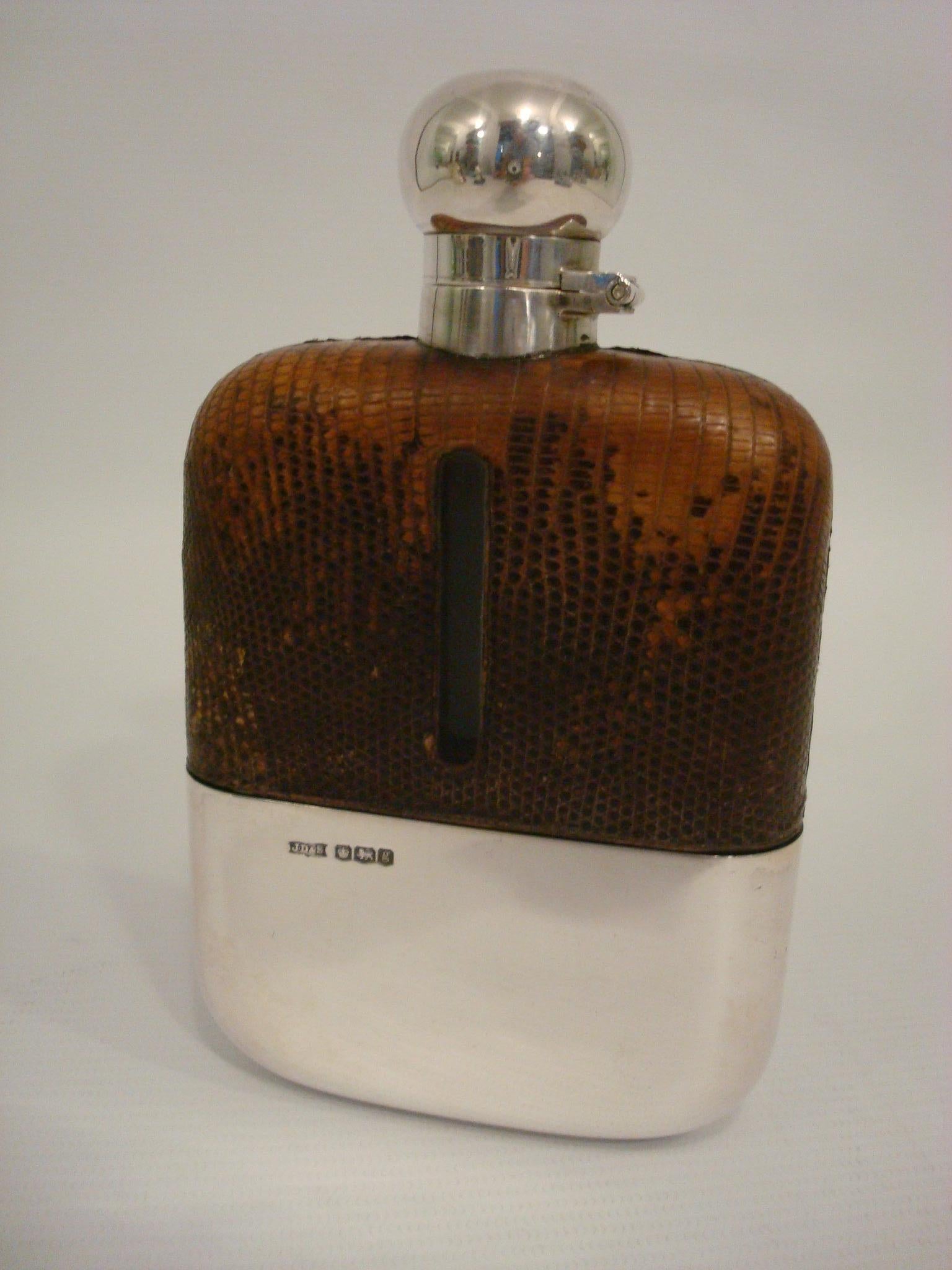 Antique 1902 James Dixon & Son Sterling Silver Snake / Lizard Skin Hip Flask In Good Condition For Sale In Buenos Aires, Olivos