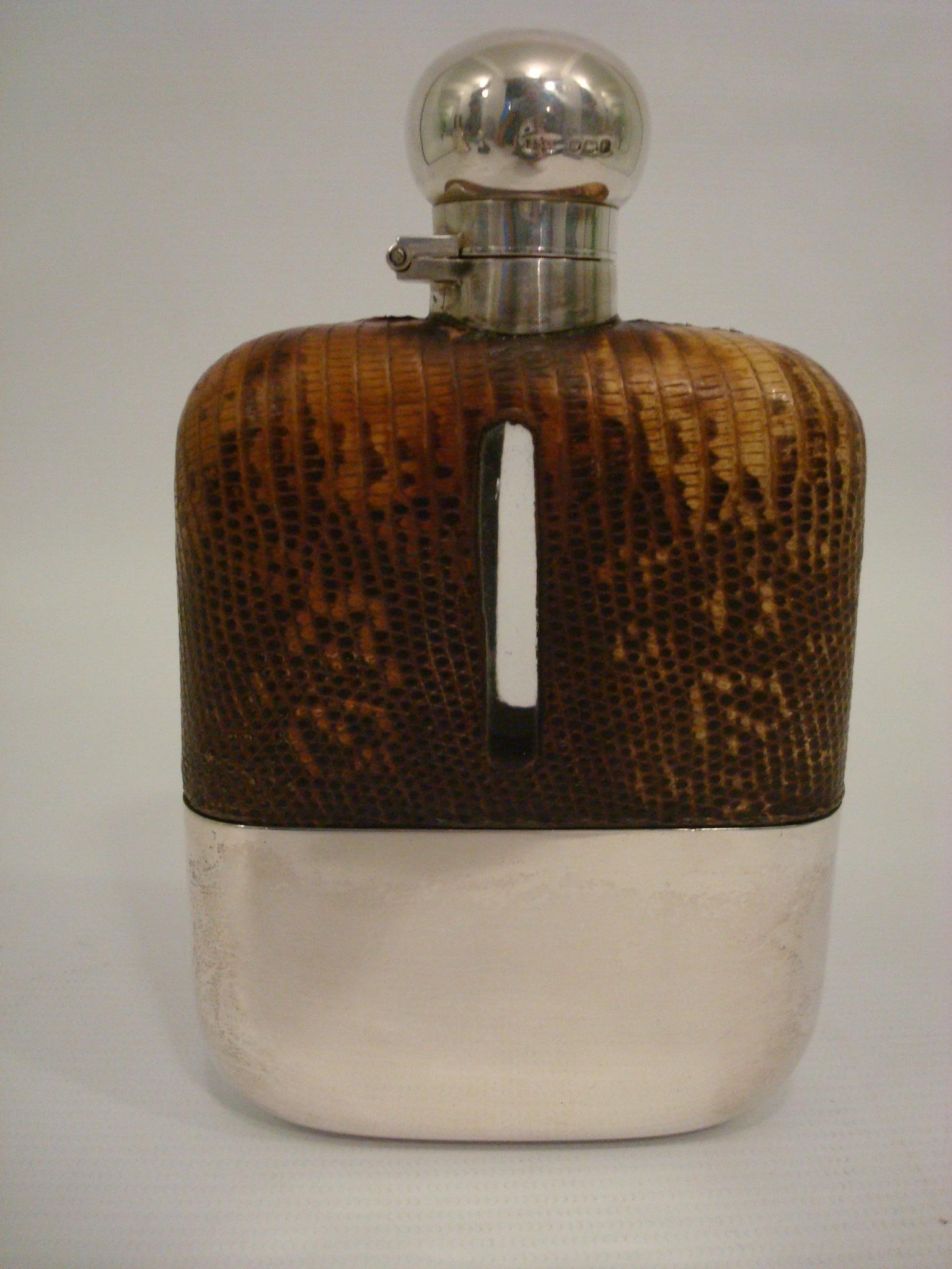 20th Century Antique 1902 James Dixon & Son Sterling Silver Snake / Lizard Skin Hip Flask For Sale