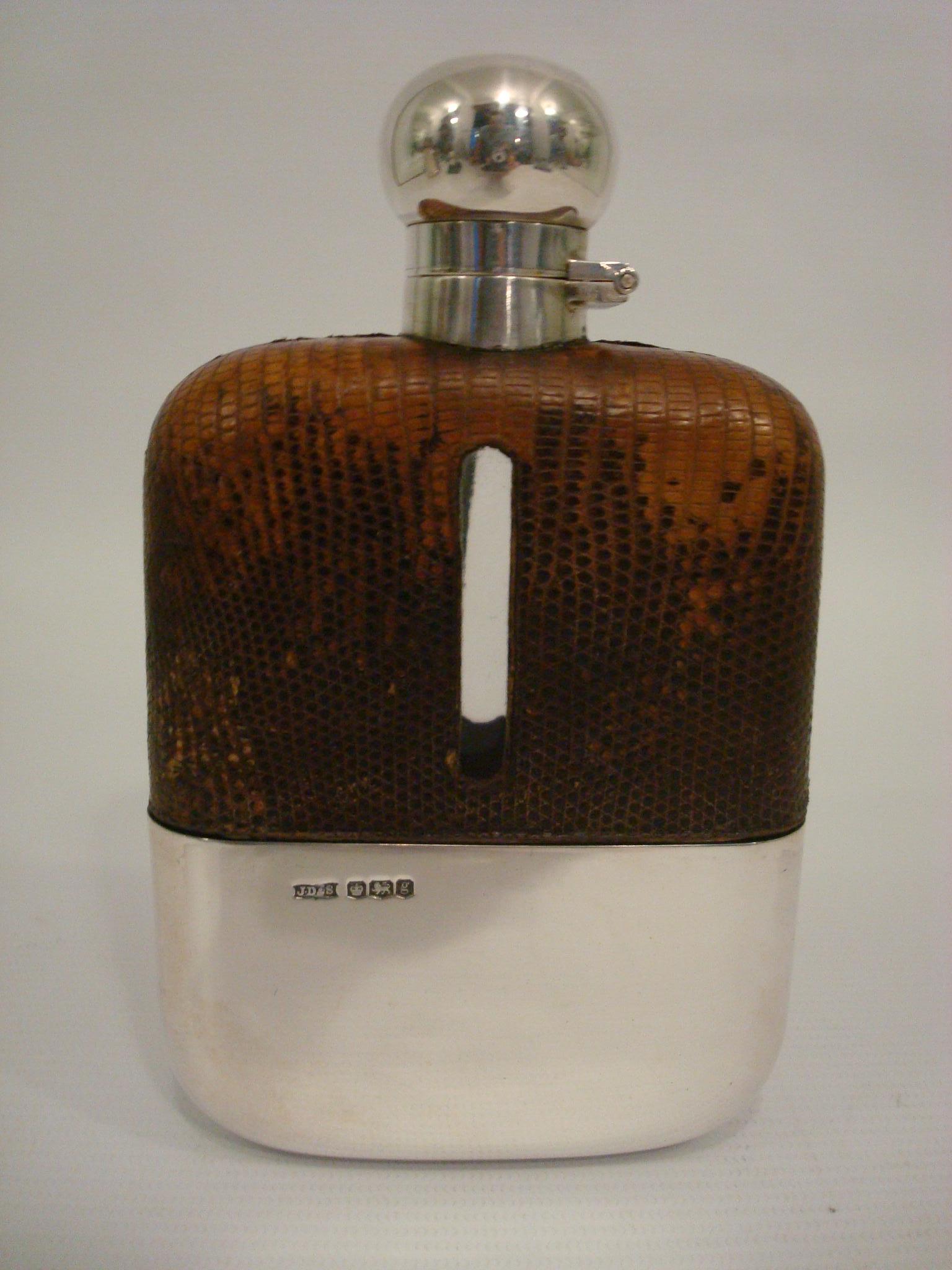 Antique 1902 James Dixon & Son Sterling Silver Snake / Lizard Skin Hip Flask For Sale 1