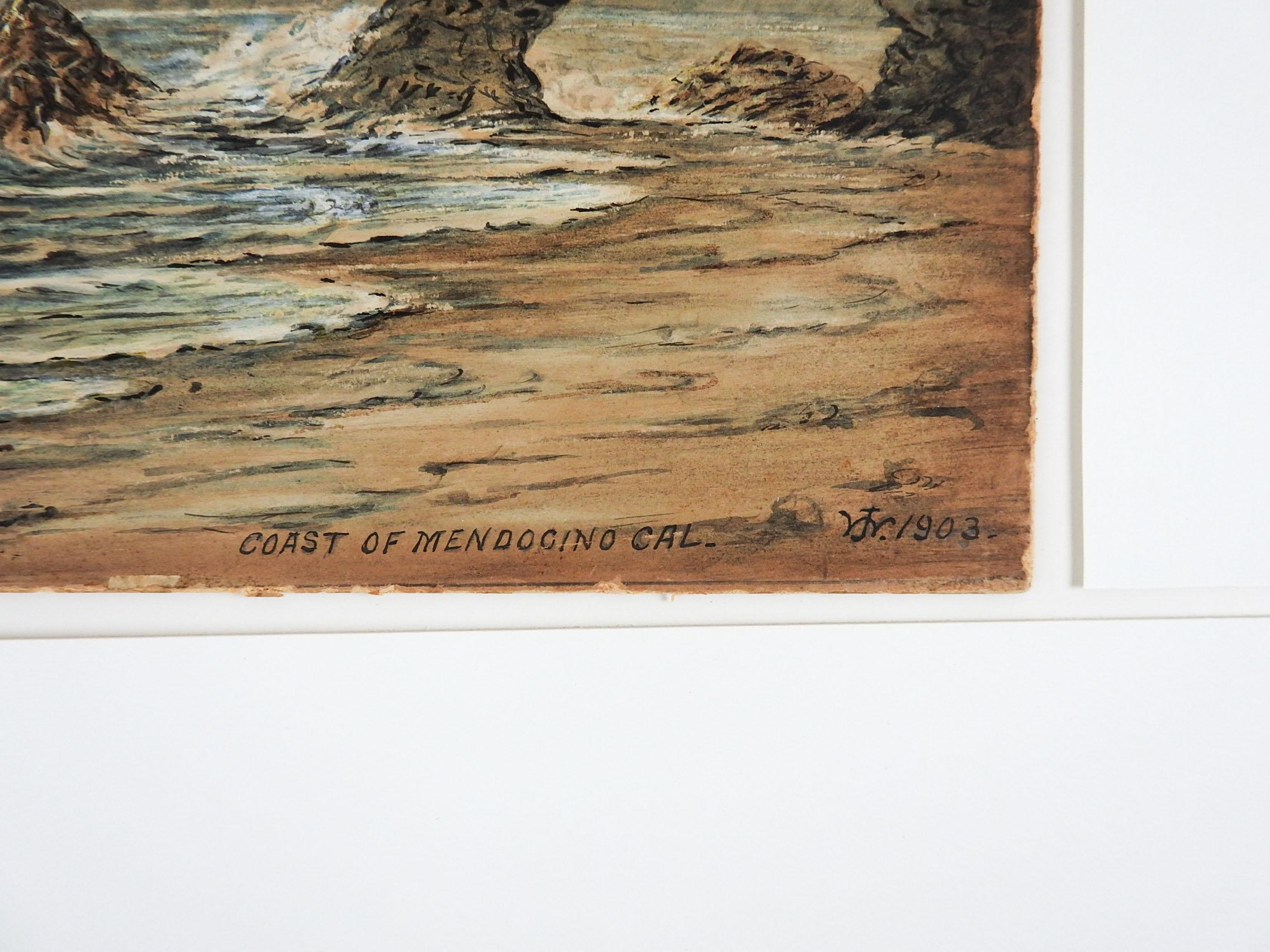 Antique 1903 watercolor on artist board painting of Coast of Mendocino California. Signed JW, dated 1903 and titled lower right corner. Unframed, displayed in mat and backing, 14.75