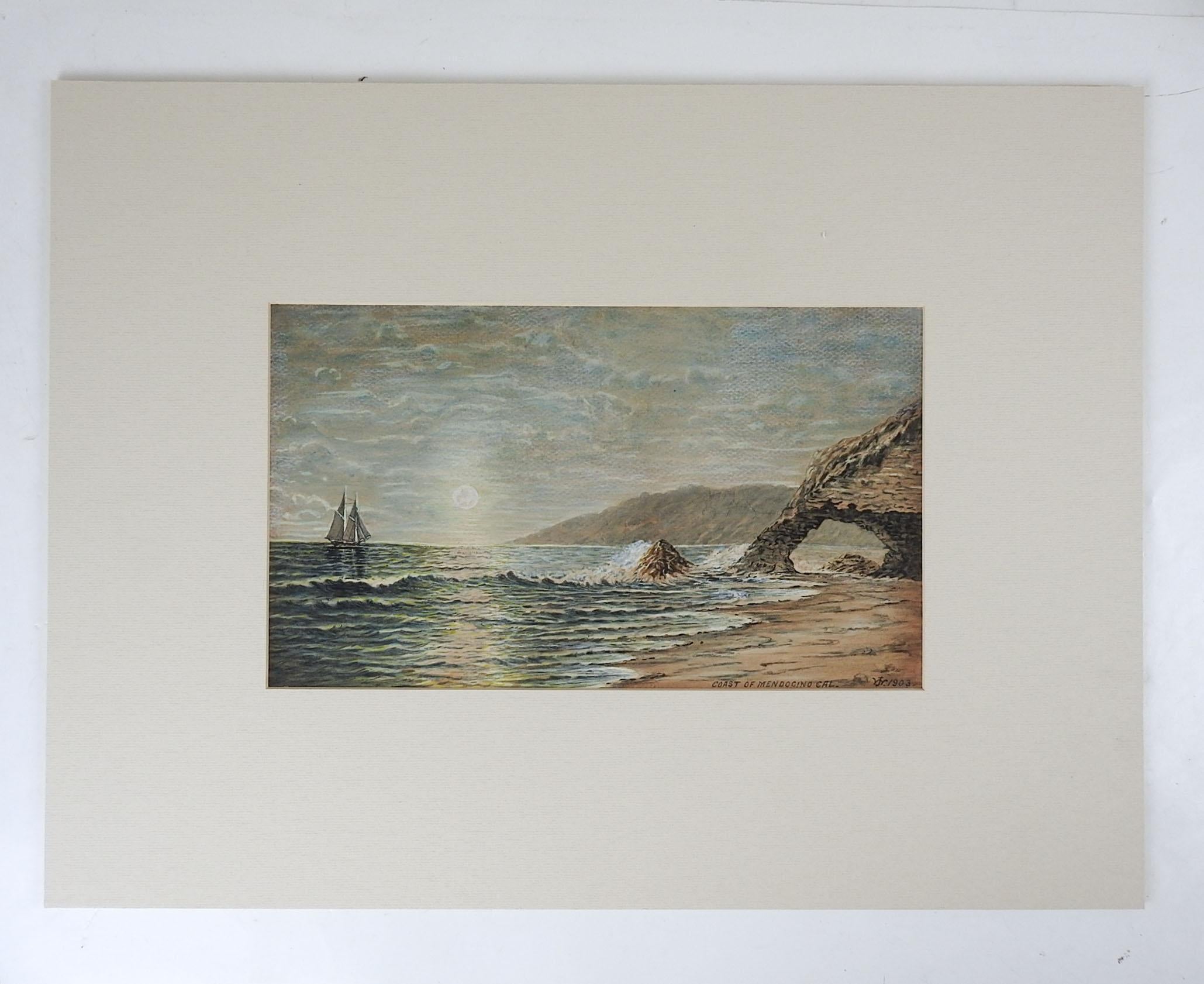 Antique 1903 California Coast Watercolor Painting In Good Condition For Sale In Seguin, TX