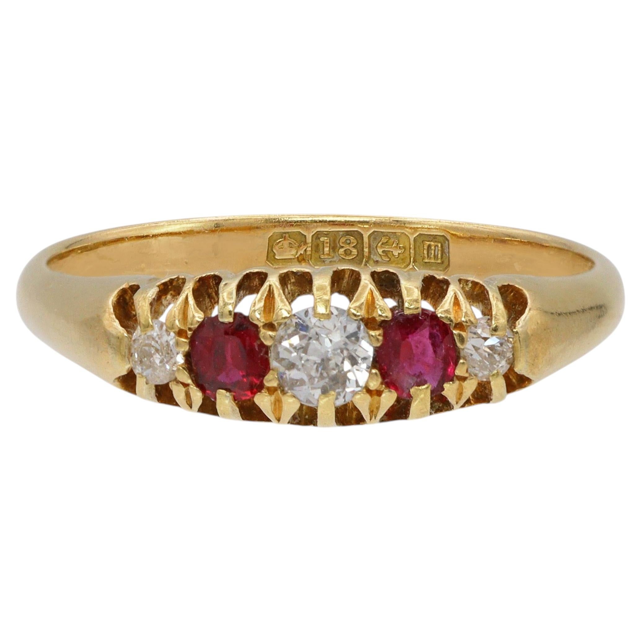 Antique 1904 18k Yellow Gold English Diamond and Ruby Five Stone Ring