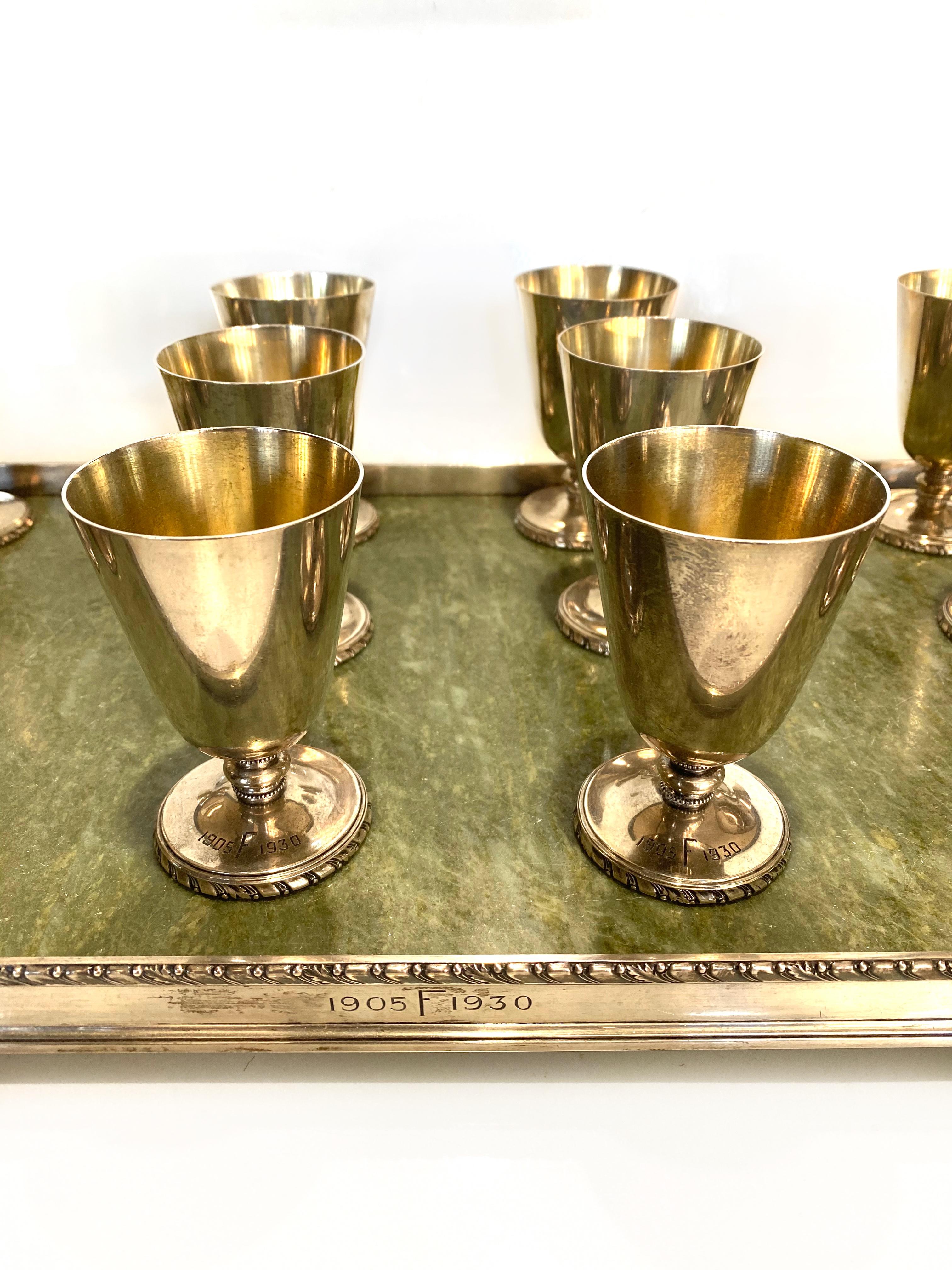 Edwardian Antique CARTIER 1905-1930 Sterling Silver and Jade Tray and Chalice Cup Set For Sale