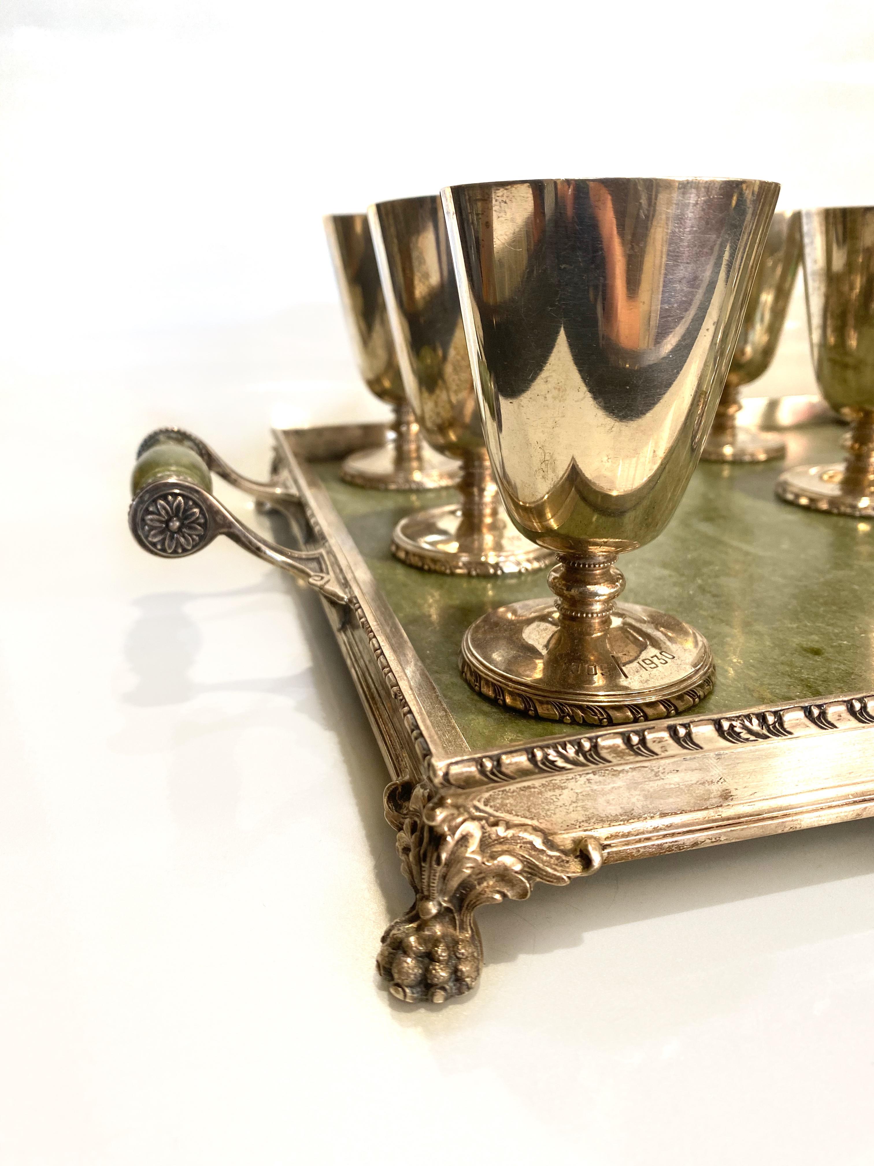 Uncut Antique CARTIER 1905-1930 Sterling Silver and Jade Tray and Chalice Cup Set For Sale
