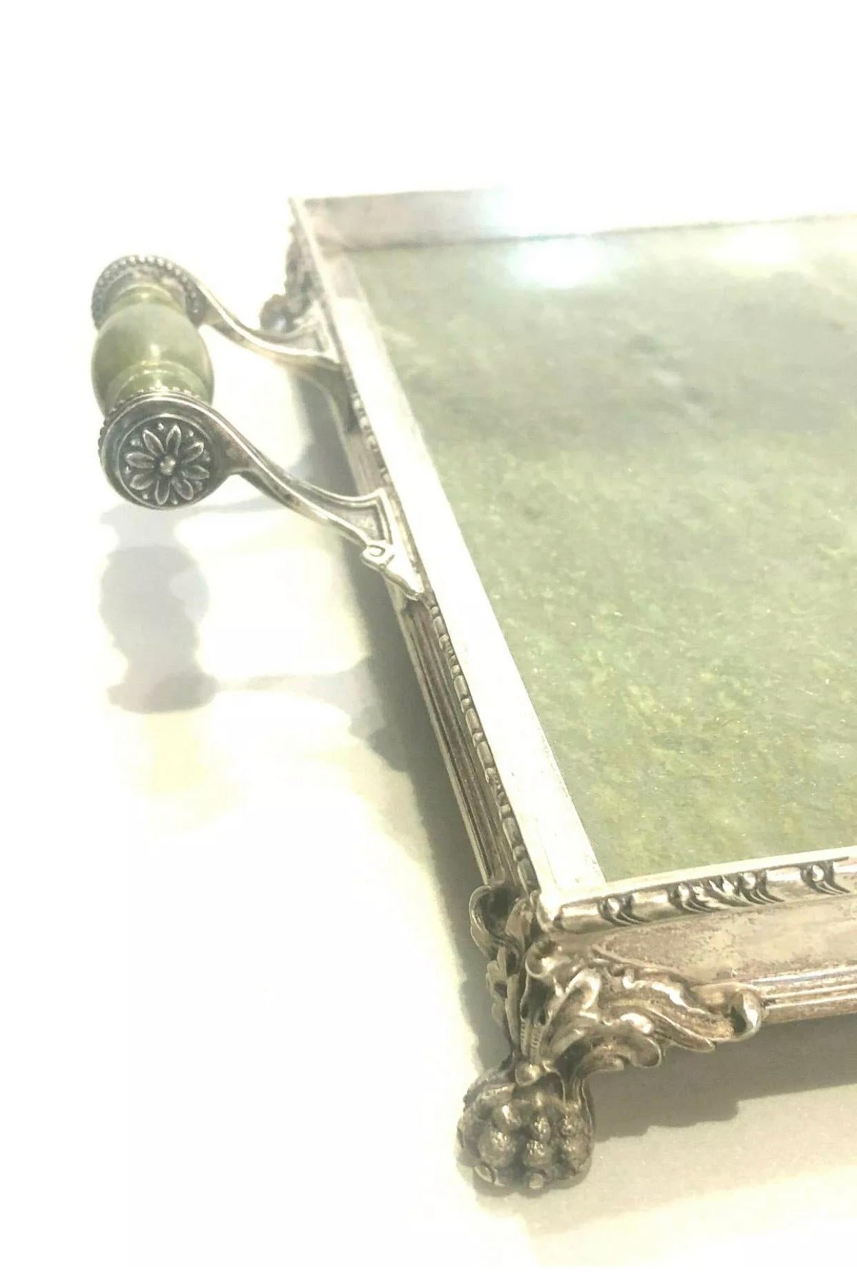 Antique CARTIER 1905-1930 Sterling Silver and Jade Tray and Chalice Cup Set For Sale 1