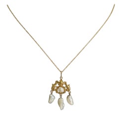 Antique 1905 Art Nouveau Pearl Drop Pendant Necklace 14k Yellow Gold