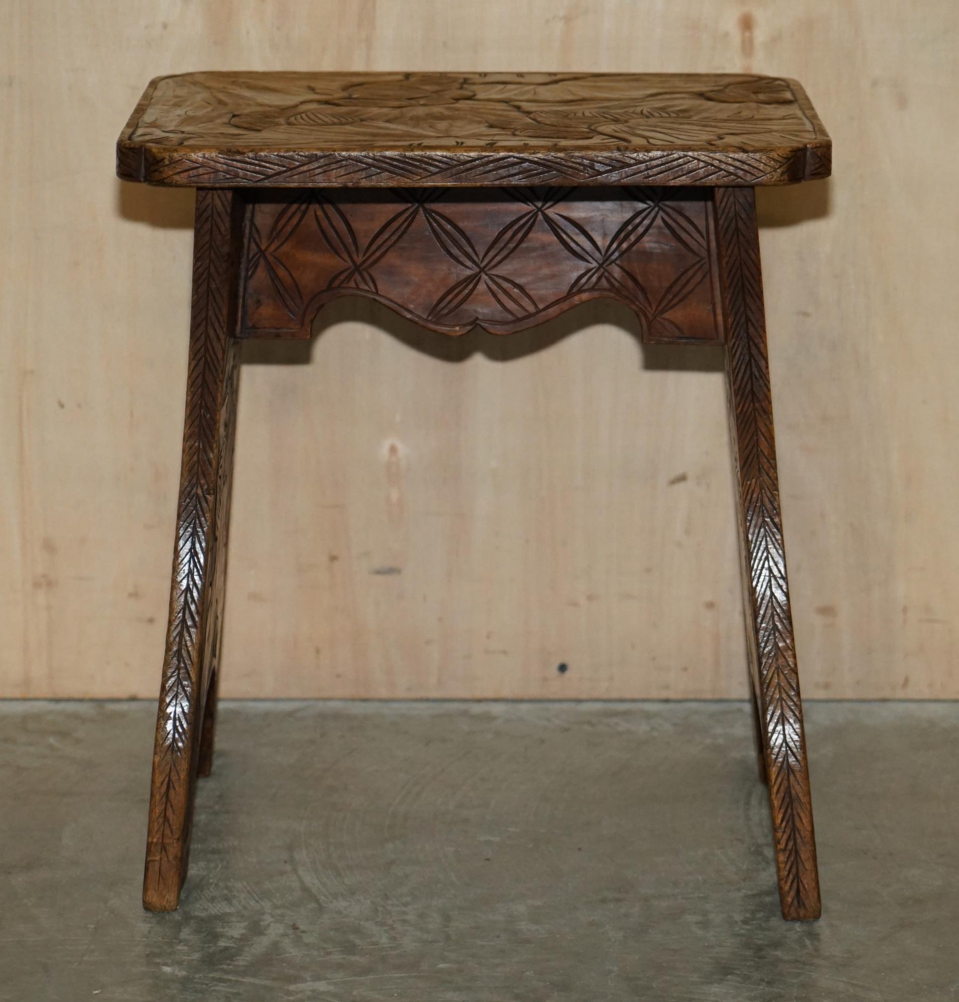 ANTIQUE 1905 LIBERTY'S LONDON QING DYNASTY STOOL / SiDE END TABLE FLORAL CARVING im Angebot 9