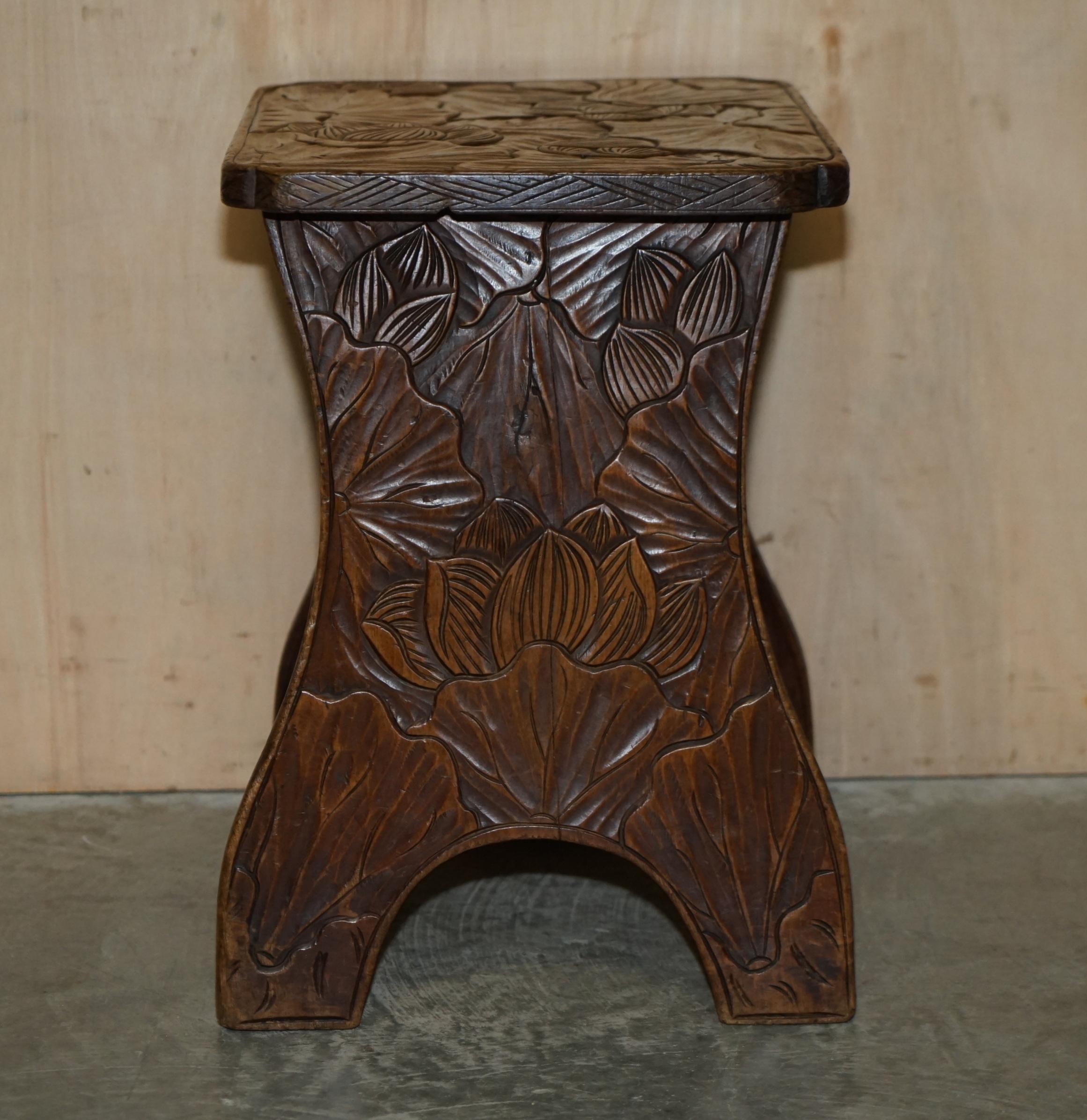 ANTIQUE 1905 LIBERTY'S LONDON QING DYNASTY STOOL / SiDE END TABLE FLORAL CARVING im Angebot 11