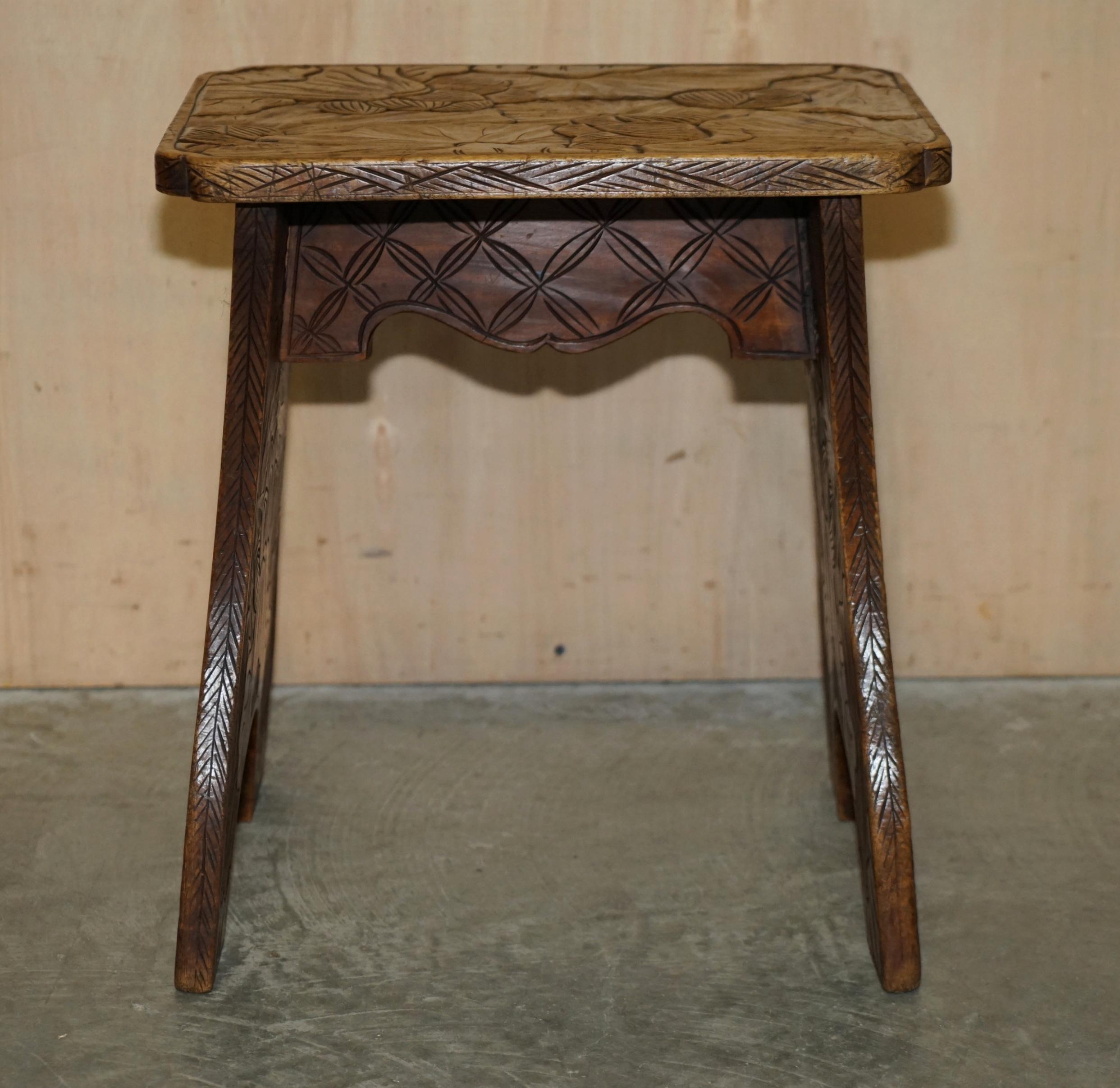 Edwardian Antique 1905 Liberty's London Qing Dynasty Stool / Side End Table Floral Carving For Sale