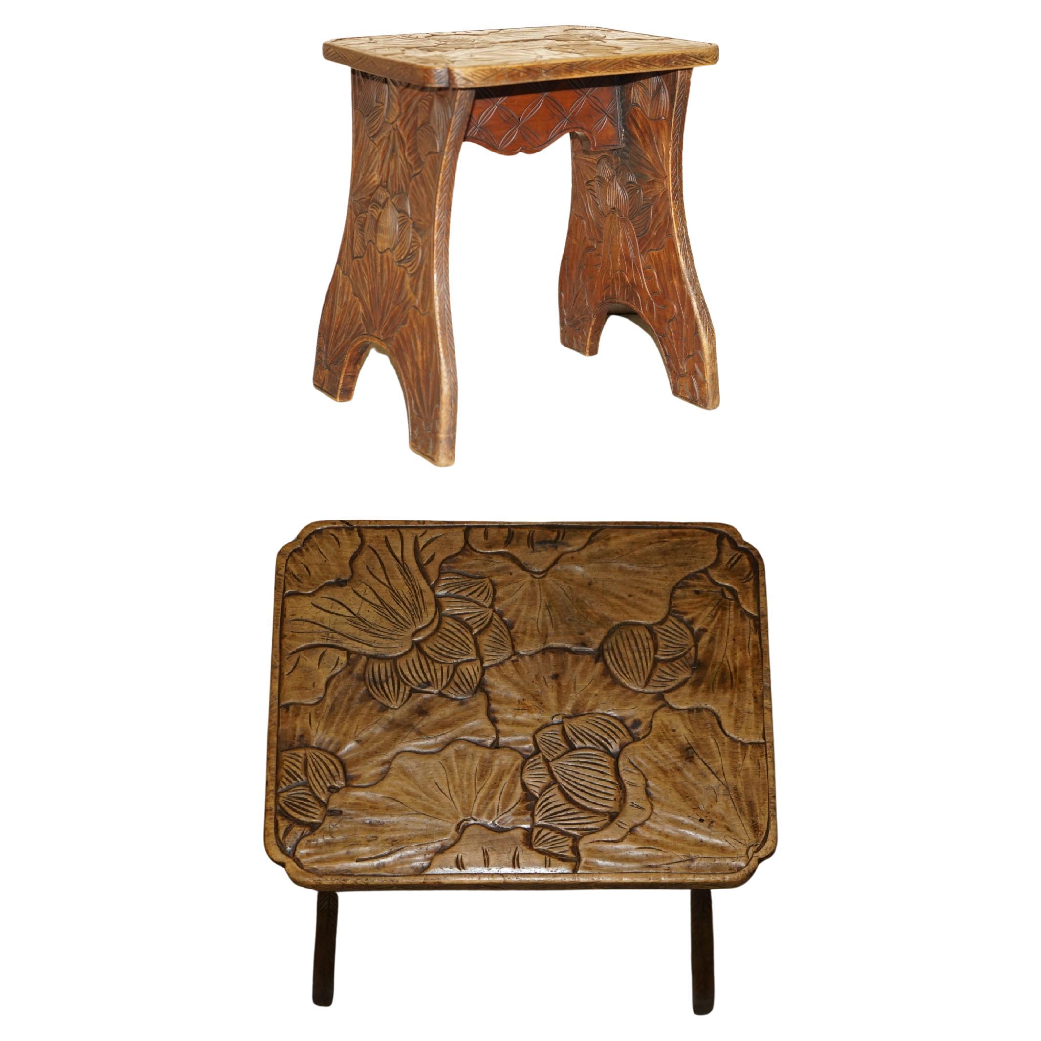 Antique 1905 Liberty's London Qing Dynasty Stool / Side End Table Floral Carving For Sale