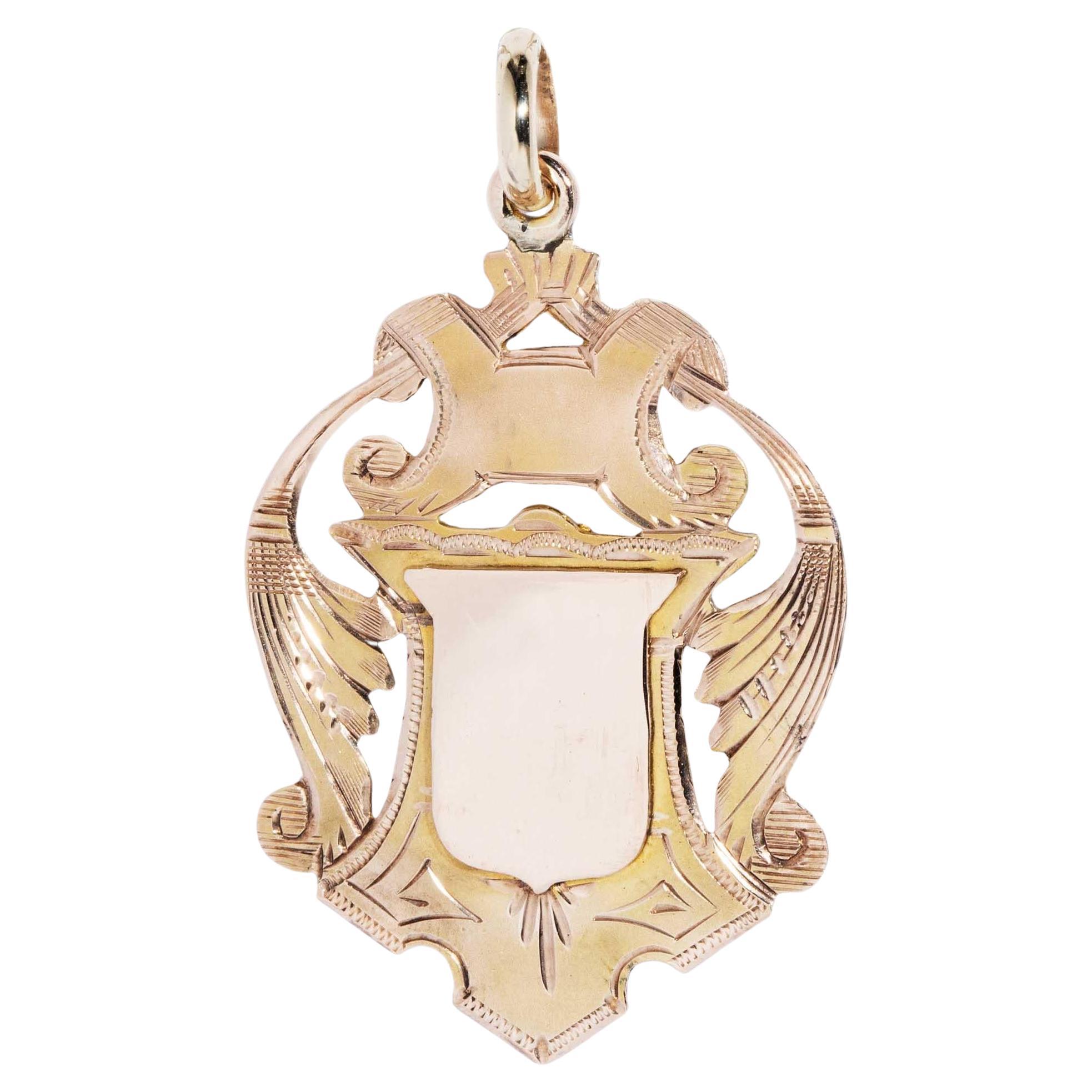 Antique 1907 Shield Award Style Pendant 9 Carat Yellow Gold