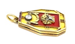 Antiguo 1908  Collar Colgante Relicario Belle Époque Oro 14 K Diamante Rubí Esmalte