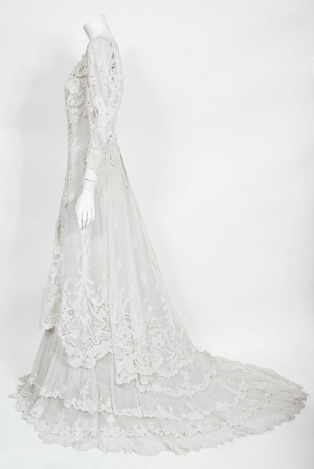 Antique 1908 Edwardian Couture White Irish Crochet Lace & Sheer Net Bridal Gown 3