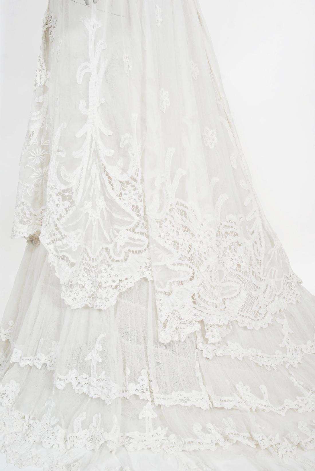 Antique 1908 Edwardian Couture White Irish Crochet Lace & Sheer Net Bridal Gown 4