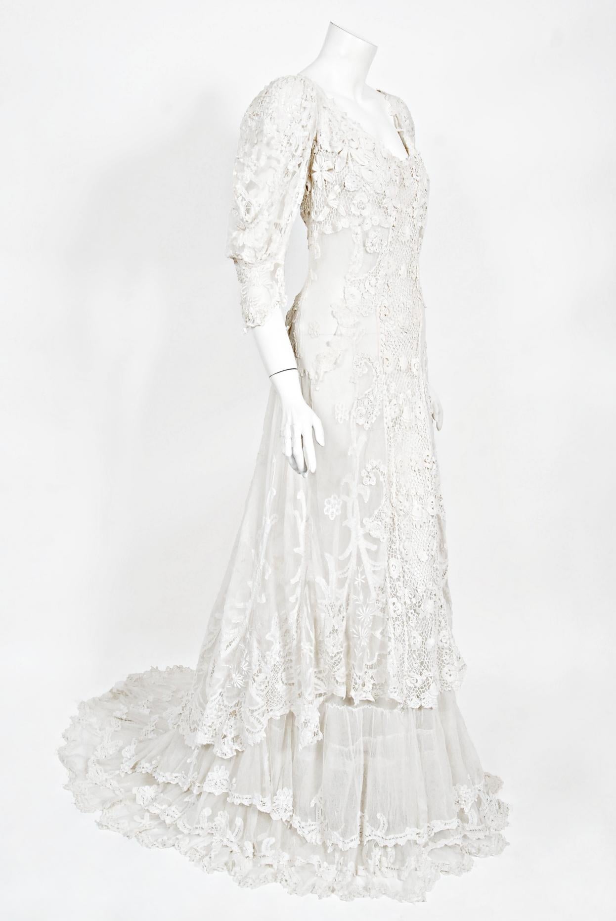 Antique 1908 Edwardian Couture White Irish Crochet Lace & Sheer Net Bridal Gown 5