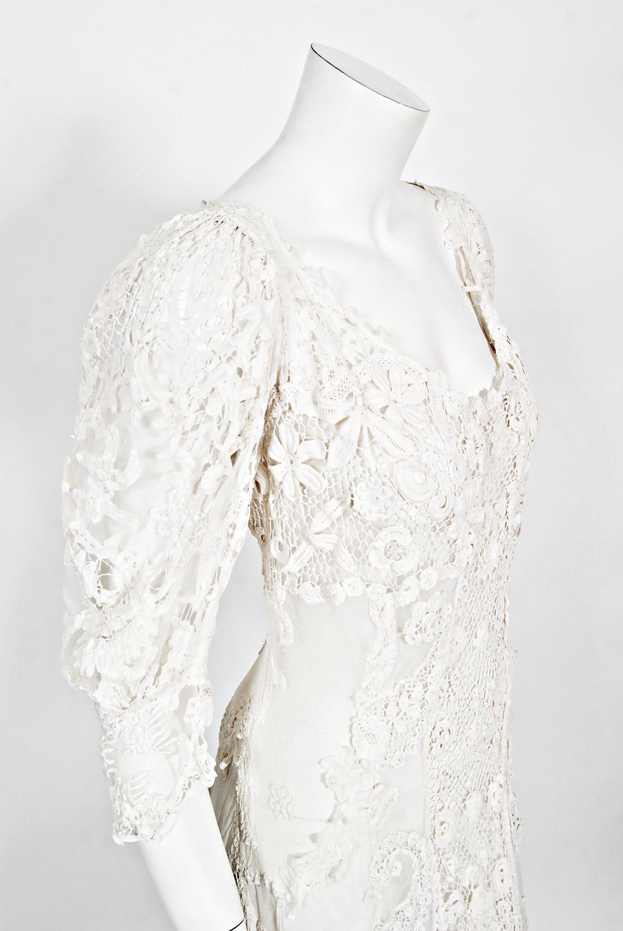 Antique 1908 Edwardian Couture White Irish Crochet Lace & Sheer Net Bridal Gown 6