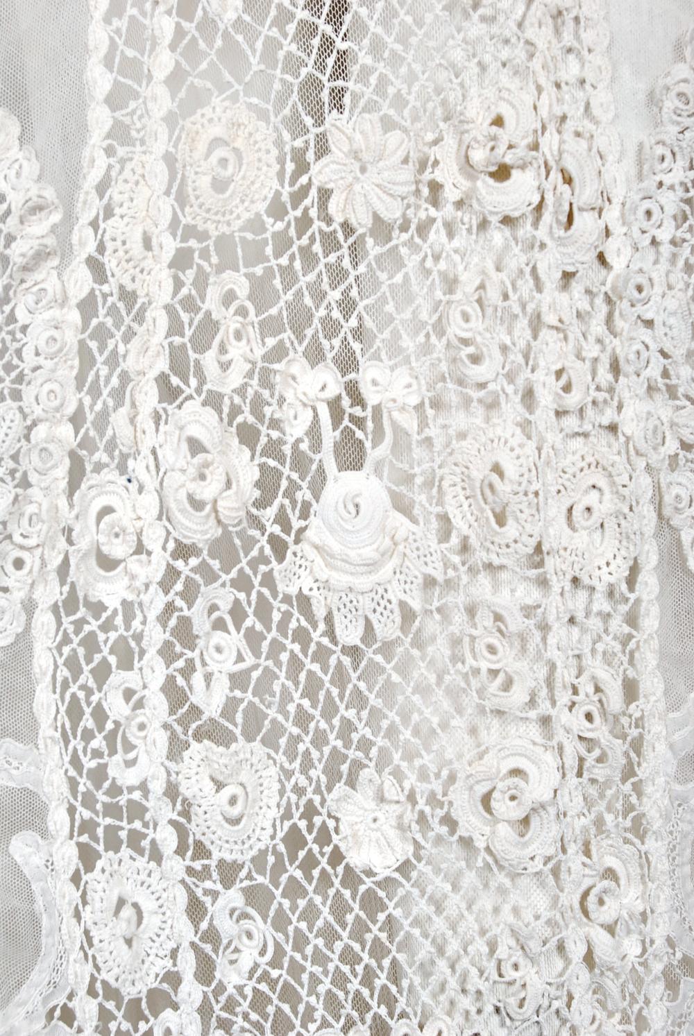 Antique 1908 Edwardian Couture White Irish Crochet Lace & Sheer Net Bridal Gown 7