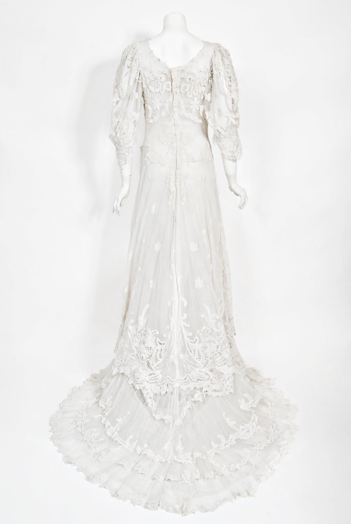 Antique 1908 Edwardian Couture White Irish Crochet Lace & Sheer Net Bridal Gown 8