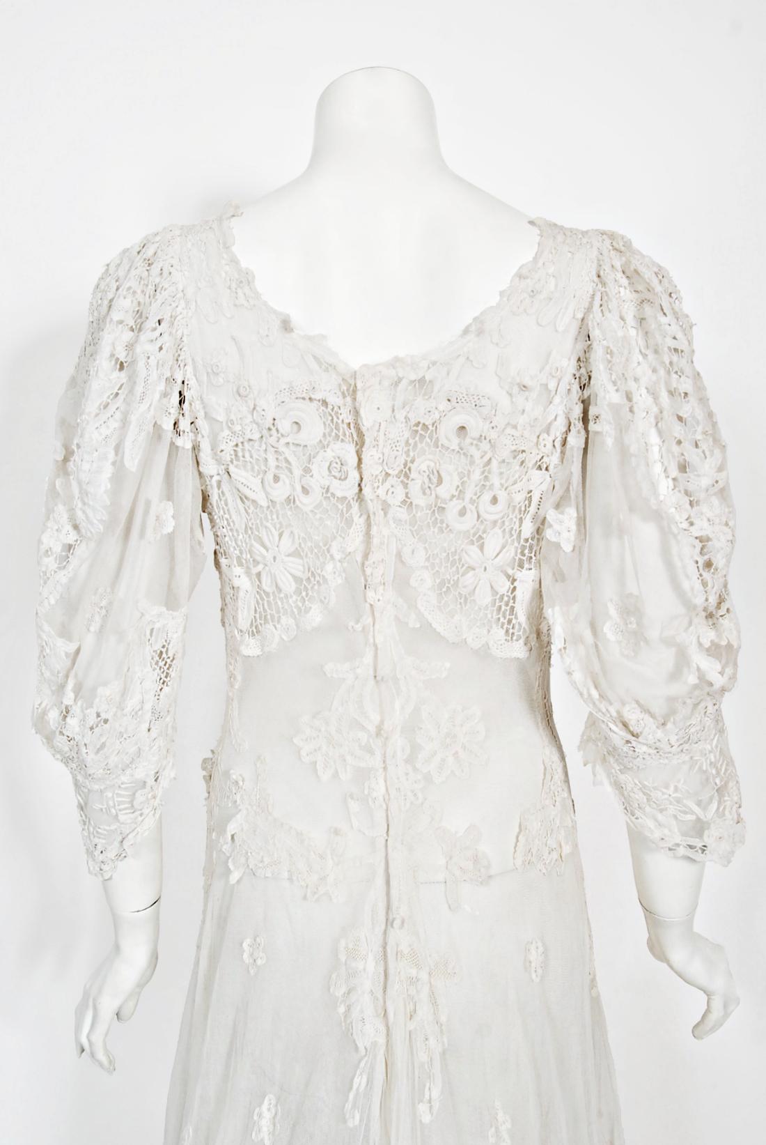 Antique 1908 Edwardian Couture White Irish Crochet Lace & Sheer Net Bridal Gown 9