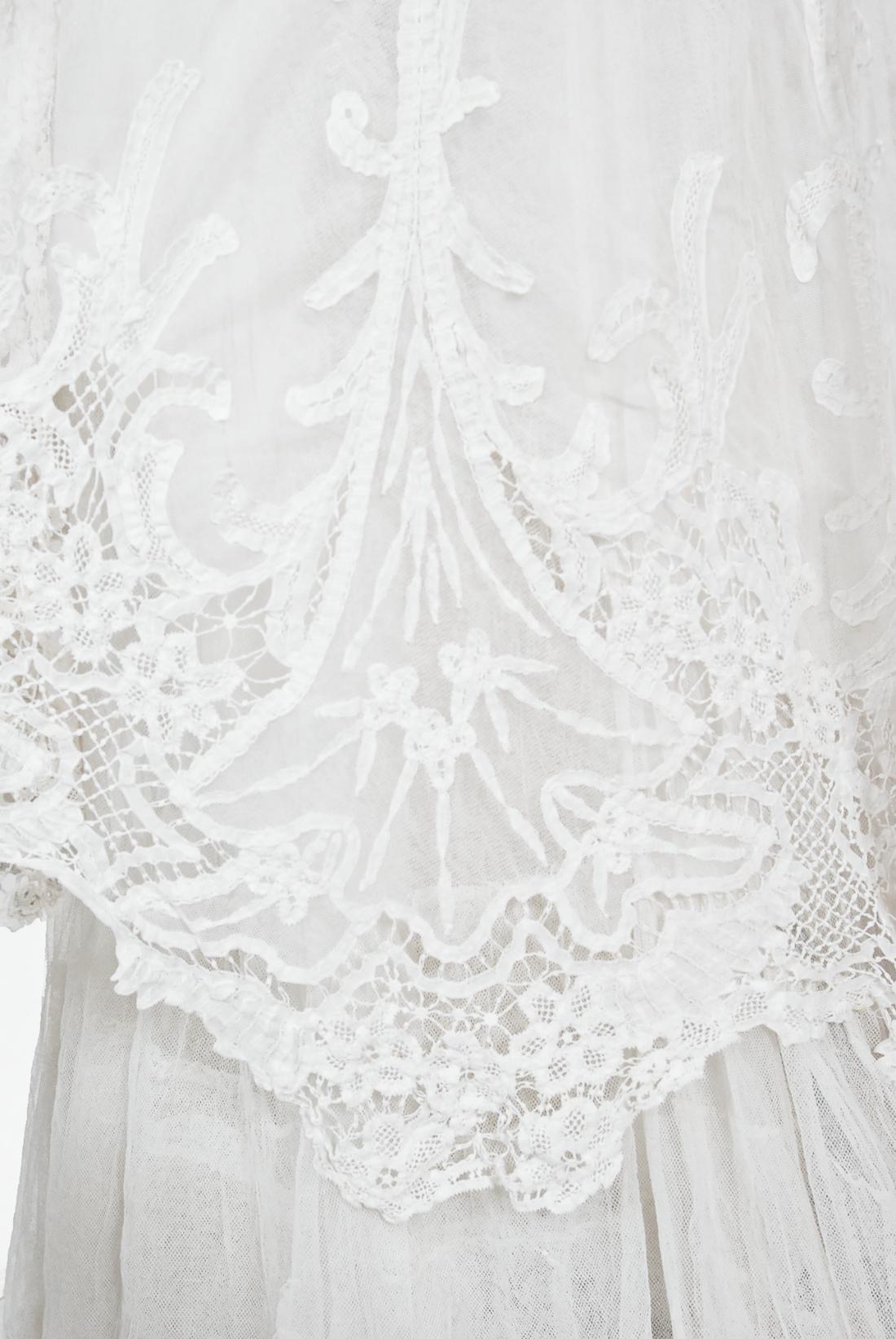 Antique 1908 Edwardian Couture White Irish Crochet Lace & Sheer Net Bridal Gown 11