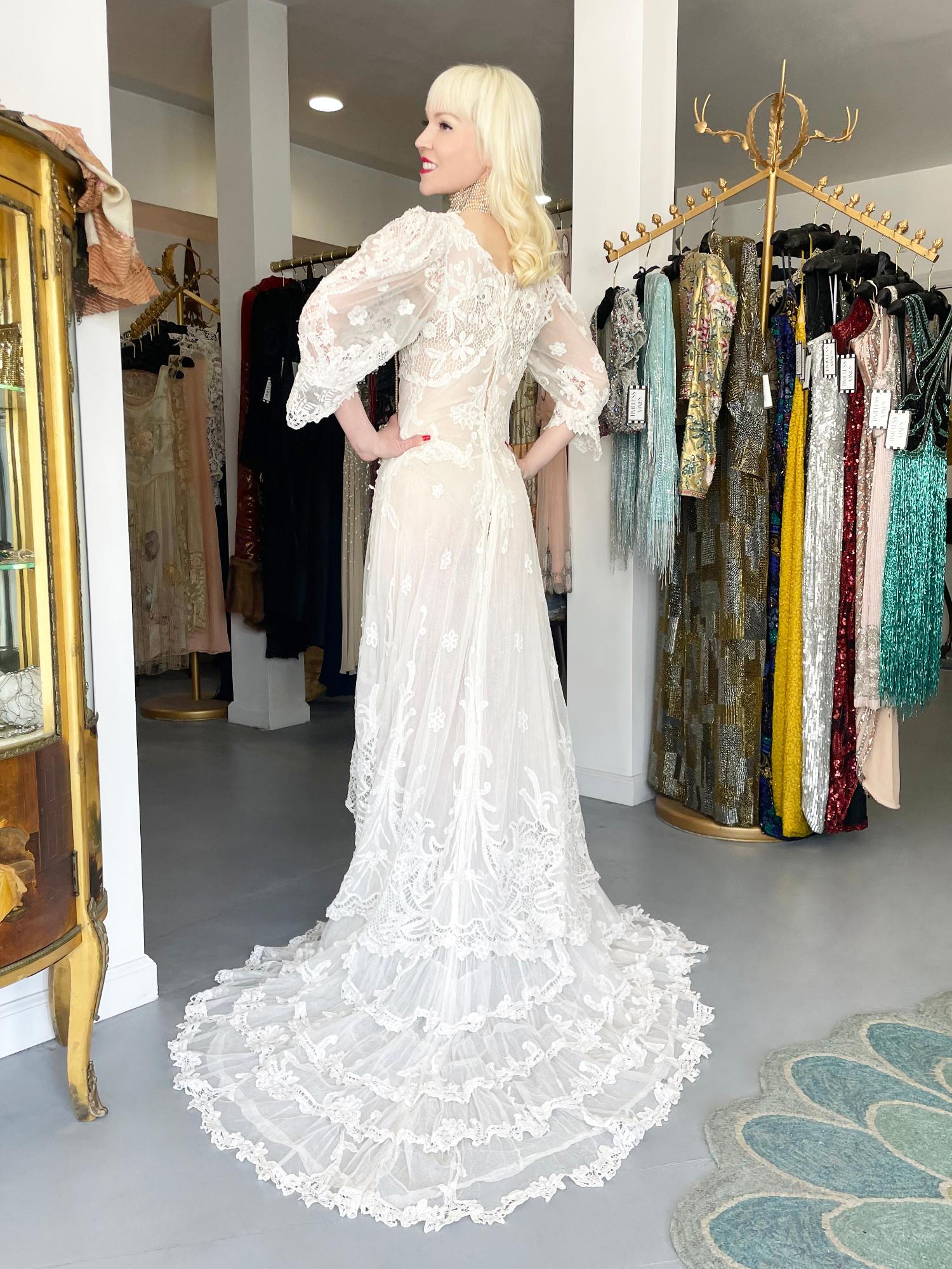 Antique 1908 Edwardian Couture White Irish Crochet Lace & Sheer Net Bridal Gown 12