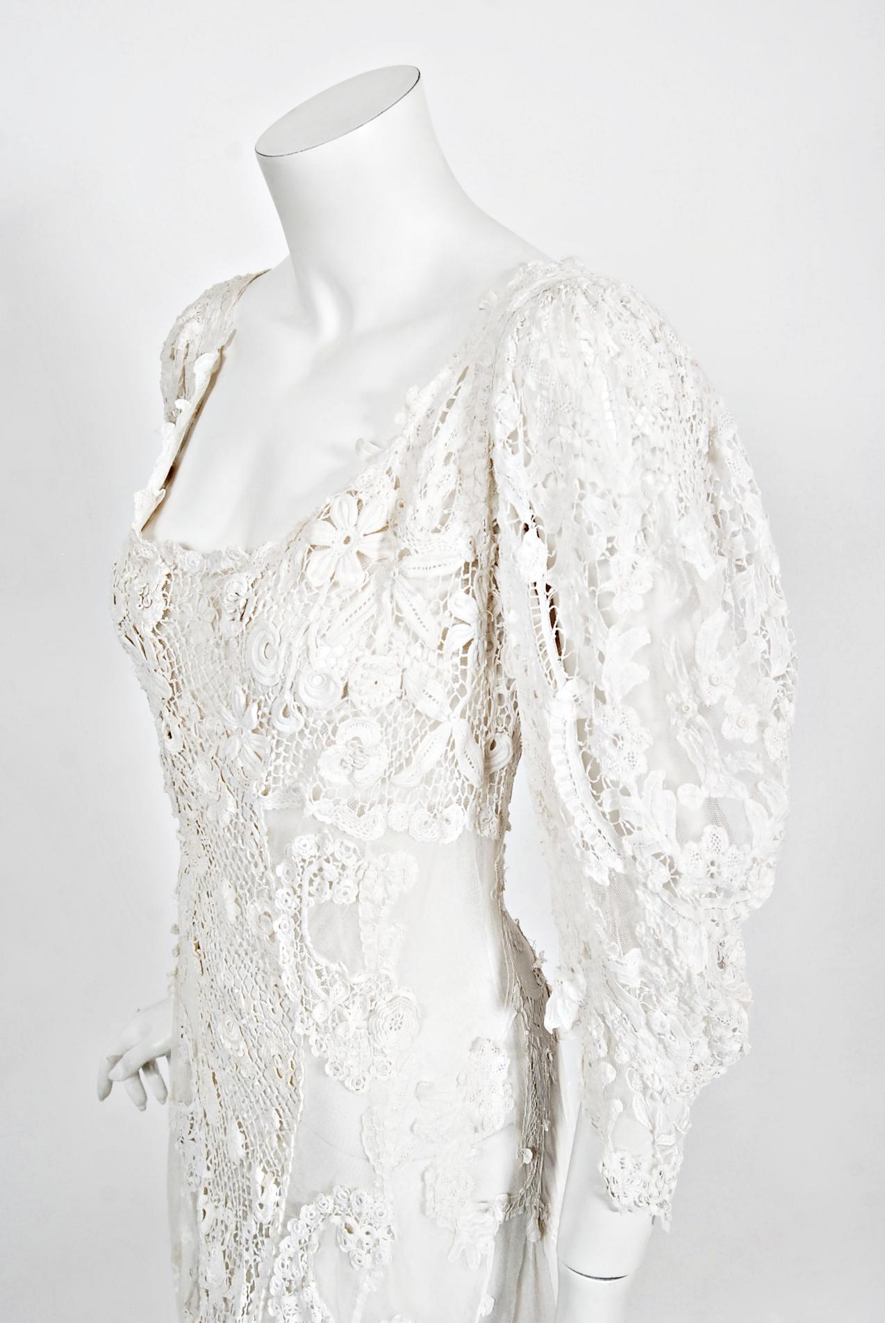 Women's Antique 1908 Edwardian Couture White Irish Crochet Lace & Sheer Net Bridal Gown
